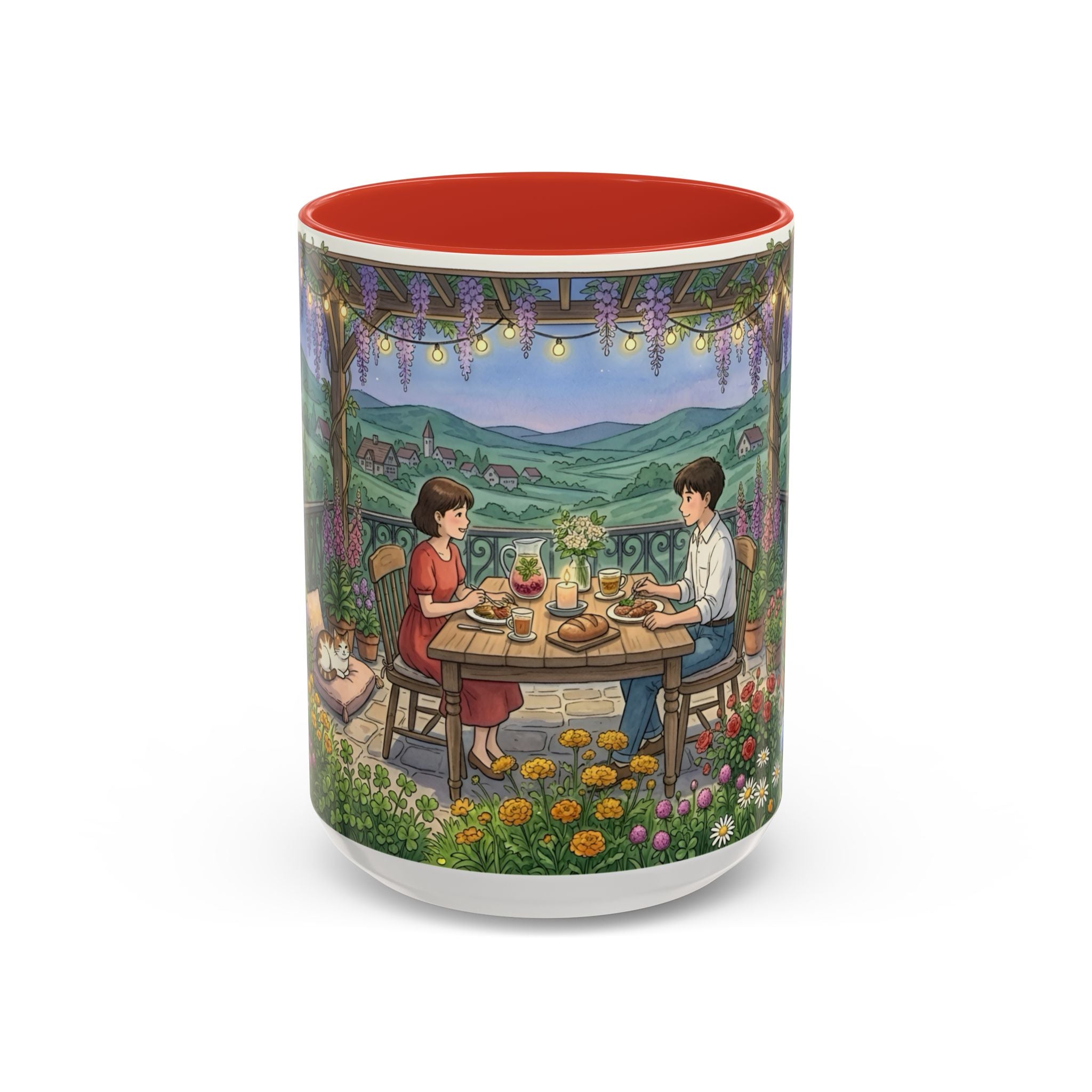 Cozy Romantic Garden Dinner Ceramic Mug — Couples Outdoor Bistro Cup (11 oz, 15 oz)