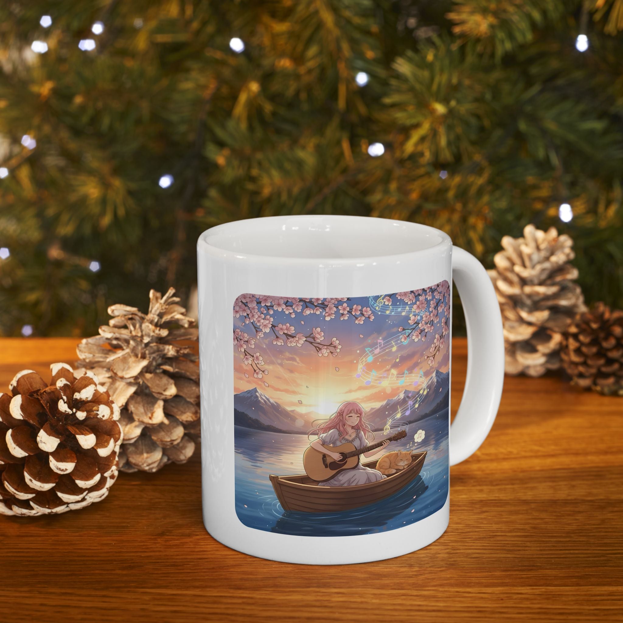 Cozy Guitarist And Her Sleeping Ginger Cat White Ceramic Mug — Japanese Cherry Blossom Mountain Anime Cup (11oz/15oz)