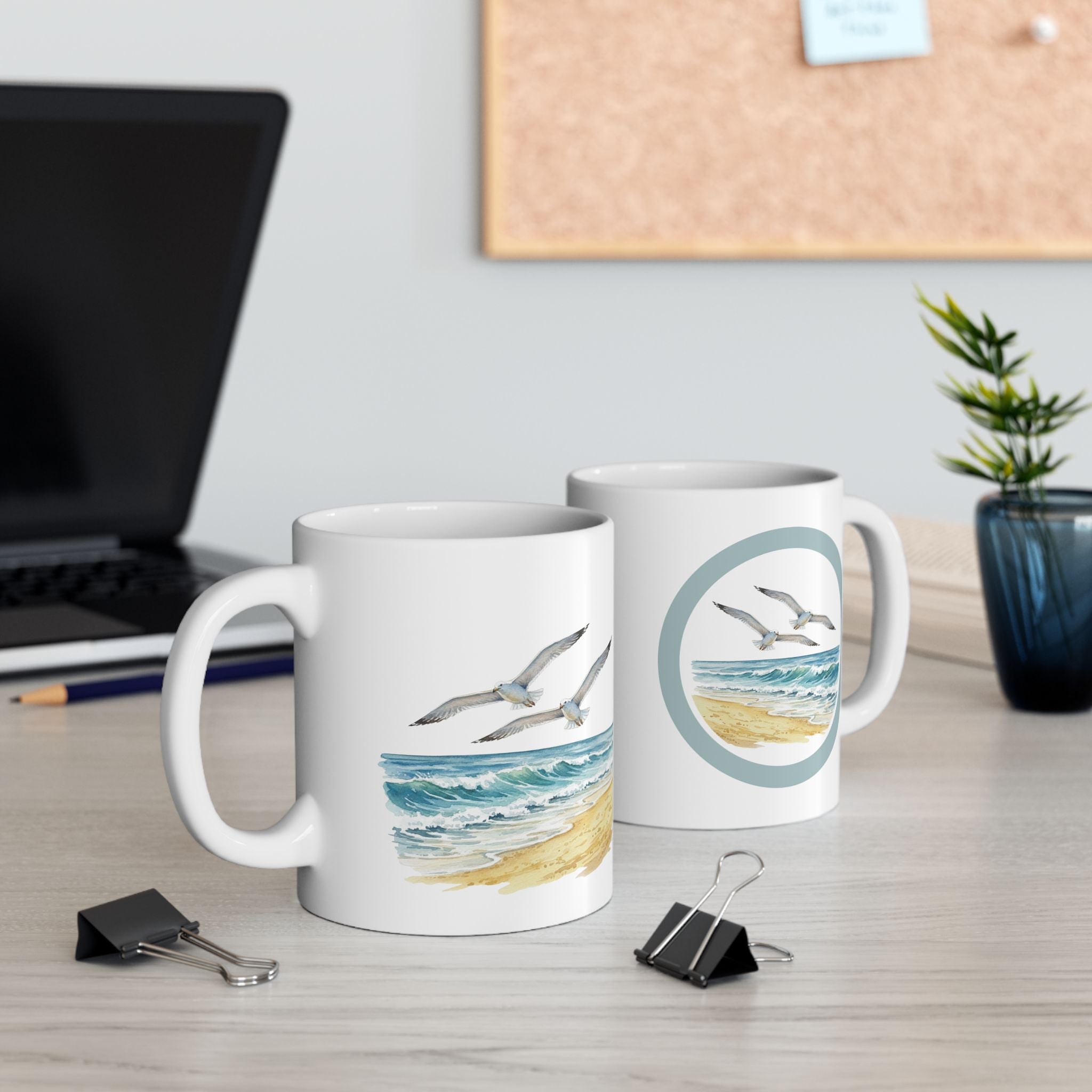Ocean Seagulls White Ceramic Mug - Beach Watercolor Tea Cup (11oz, 15oz)