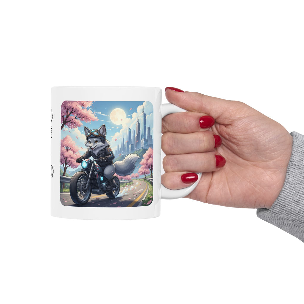 Kawaii Gray Fox Biker Wild & Free White Ceramic Mug — Sip & Ride Fox Moto Joy Cup, 11oz & 15oz