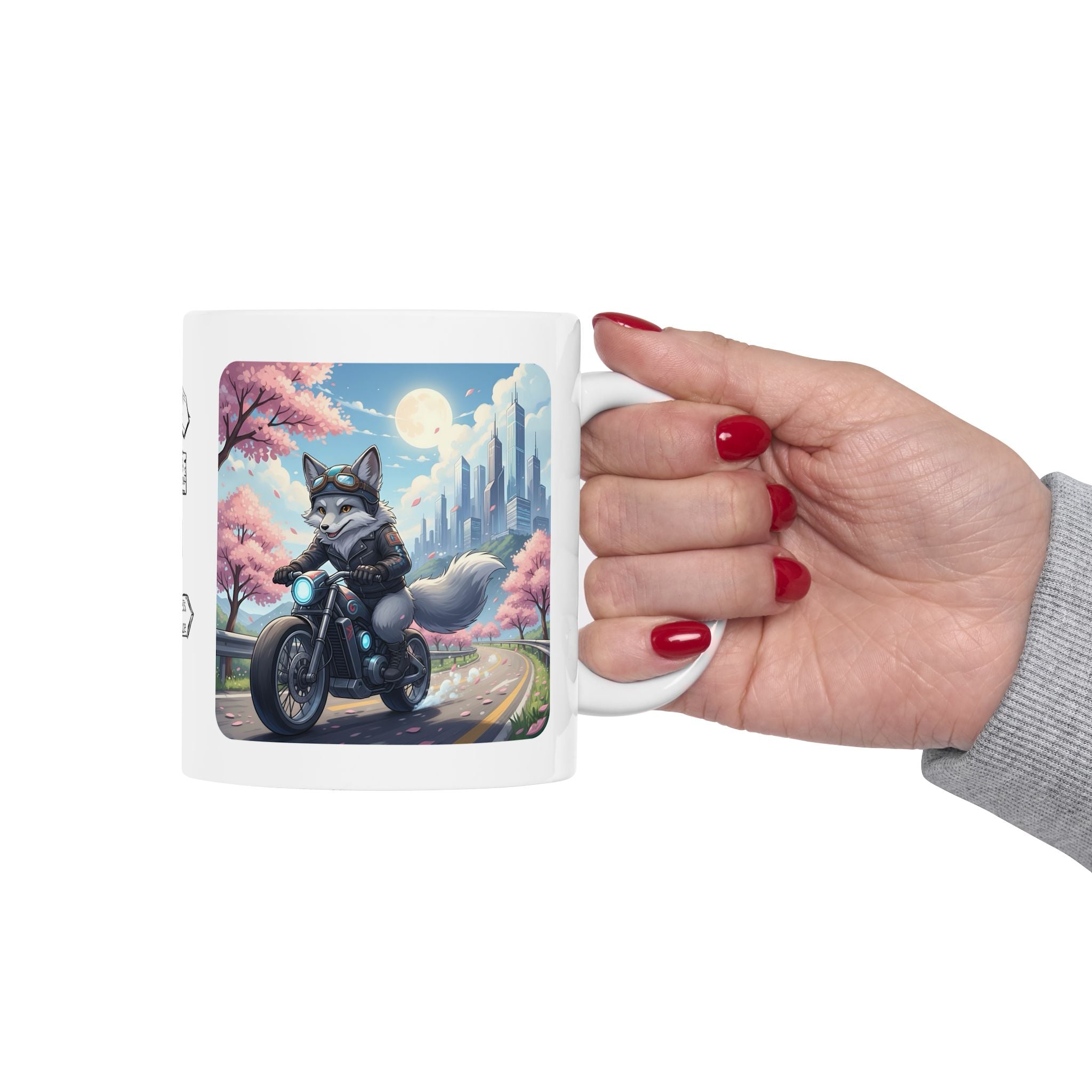 Kawaii Gray Fox Biker Wild & Free White Ceramic Mug — Sip & Ride Fox Moto Joy Cup, 11oz & 15oz