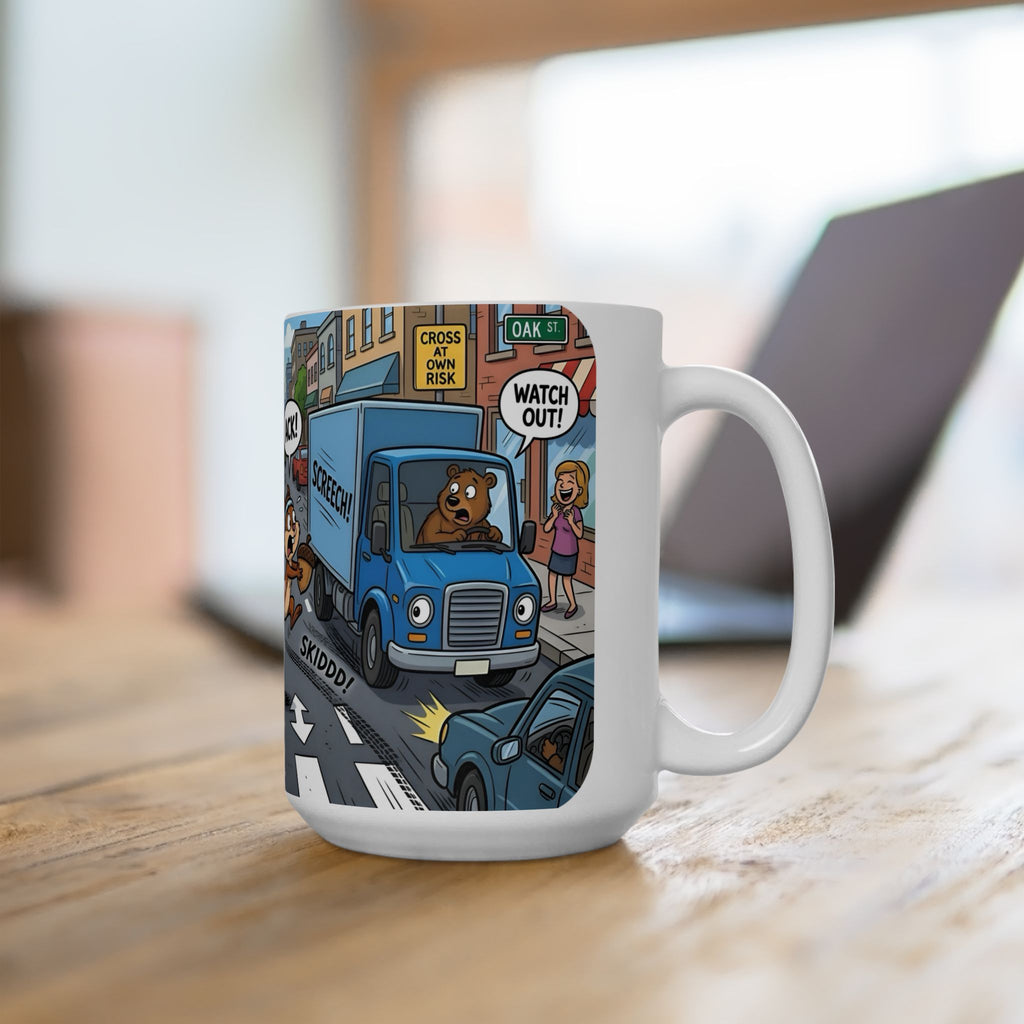 Nutsy's Crossy Road White Ceramic Mug – Adventurous Squirrel Crossing Cup (11oz/15oz)