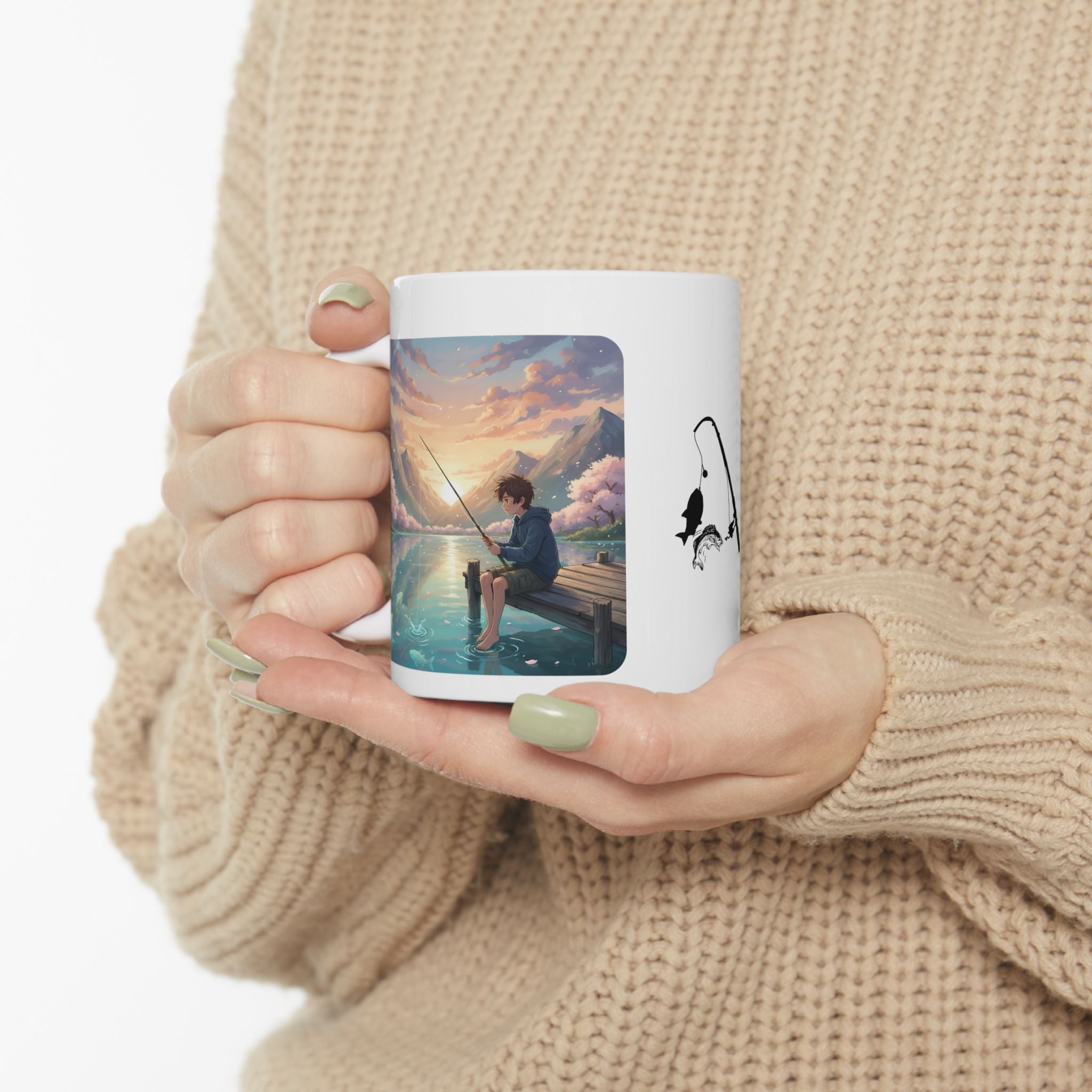 Boy Fishing at Sunset on Lakefront Pier White Ceramic Mug, Mountain View Cherry Blossom Serenity Cup (11oz, 15oz)