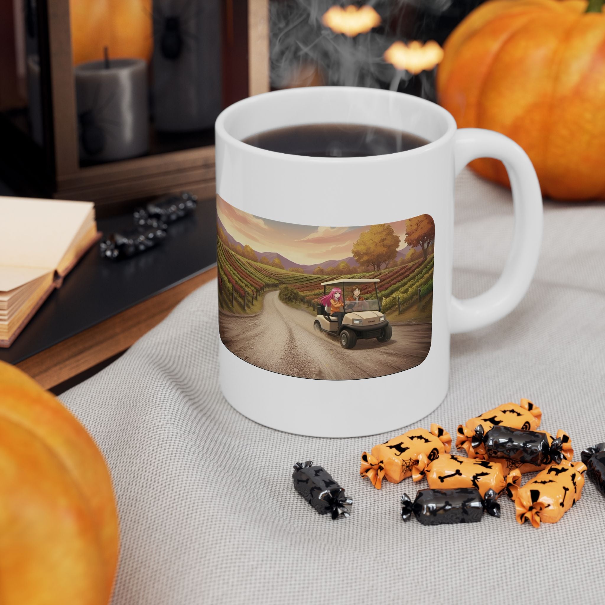 Anime Golf Cart Seasonal Adventures #6 White Ceramic Mug — Find Your Path To The Essentials Cup (11oz & 15oz)