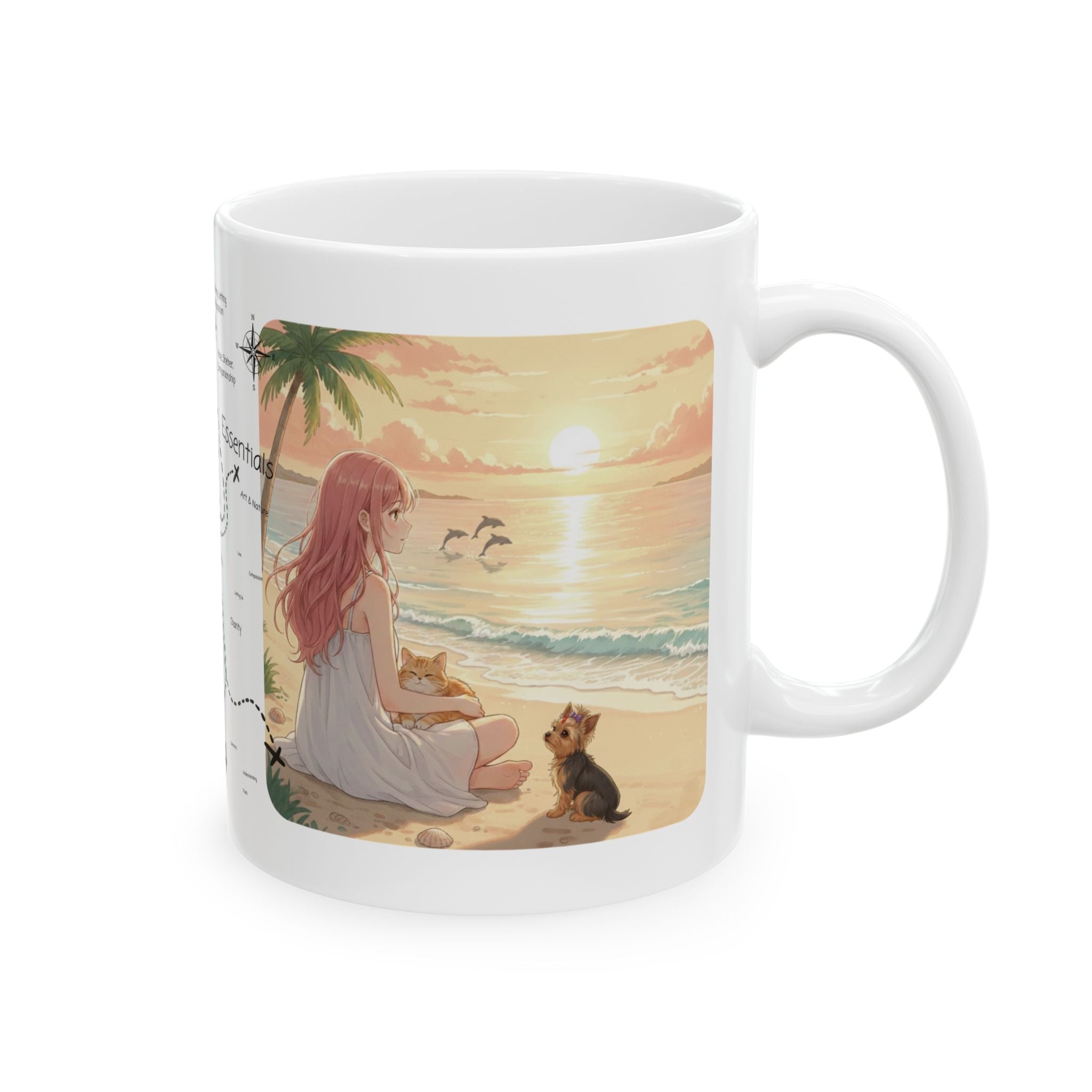 Cozy Peaceful Moments with Pets Sunset Beach White Ceramic Mug — Husky, Yorkie & Orange Cat Tropical Seascape Cup (11oz, 15oz)