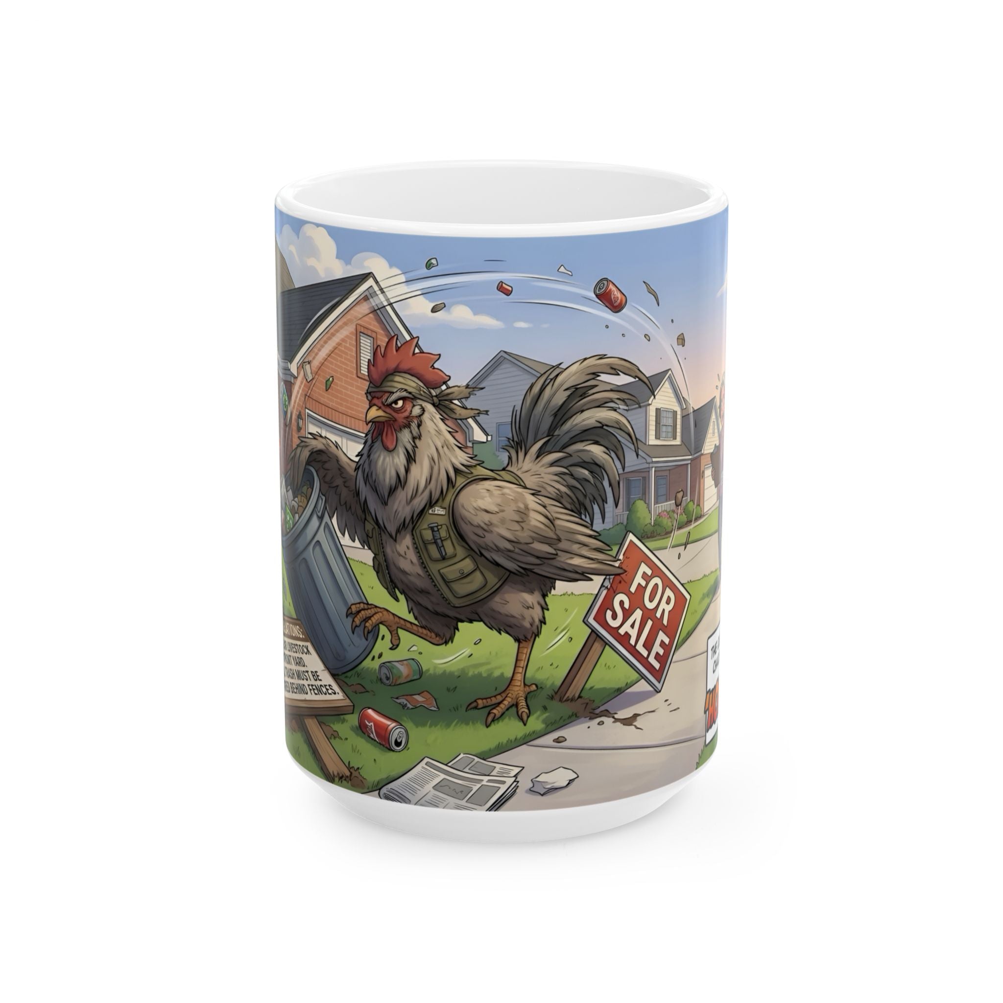 Rooster Rebellion White Ceramic Mug – Funny Morning HOA Trouble Cup (11oz/15oz)