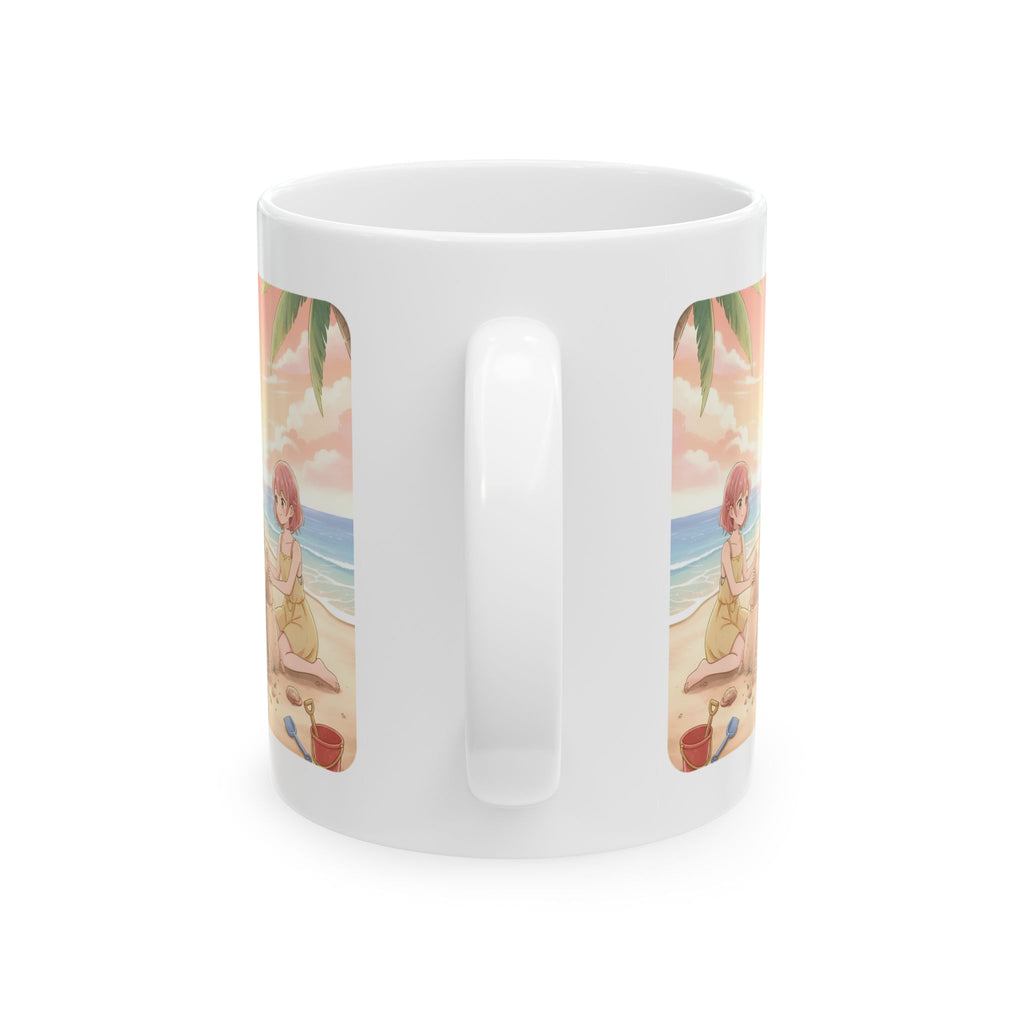 Sisters and BFF Summer Beach Sandcastle White Ceramic Mug — Tropical Manga Ocean Sunset and Golden Retriever Cup (11oz/15oz)