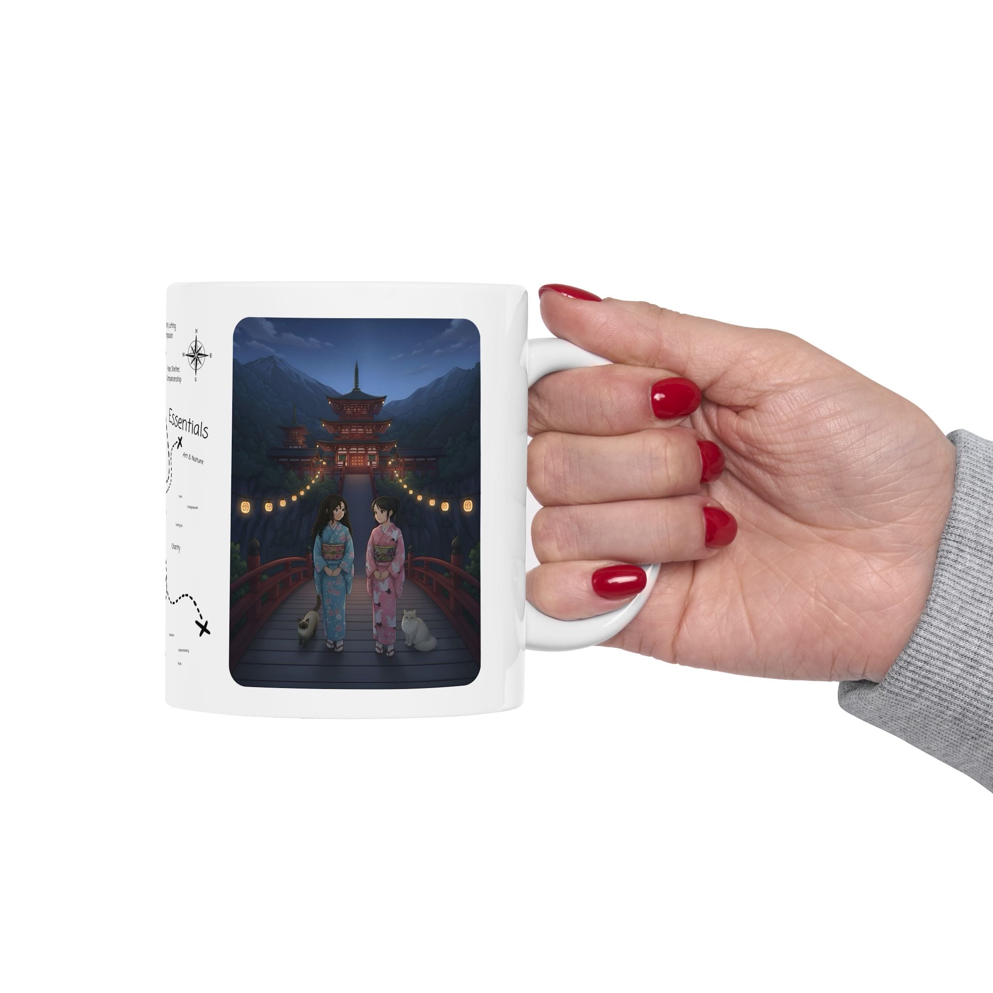 Kawaii Cat Lovers Transcending Time White Ceramic Mug — True Anime Best Friends in Japan Cup (11oz/15oz)