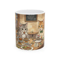 Cat Cafe Breakfast White Ceramic Mug — Cute Cats Dining Tea Cup (11oz/15oz)