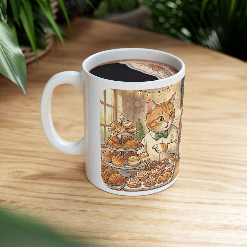 Cat-Astrophe Café White Ceramic Mug — Cute Cat Bakery Date Cup (11oz & 15oz)