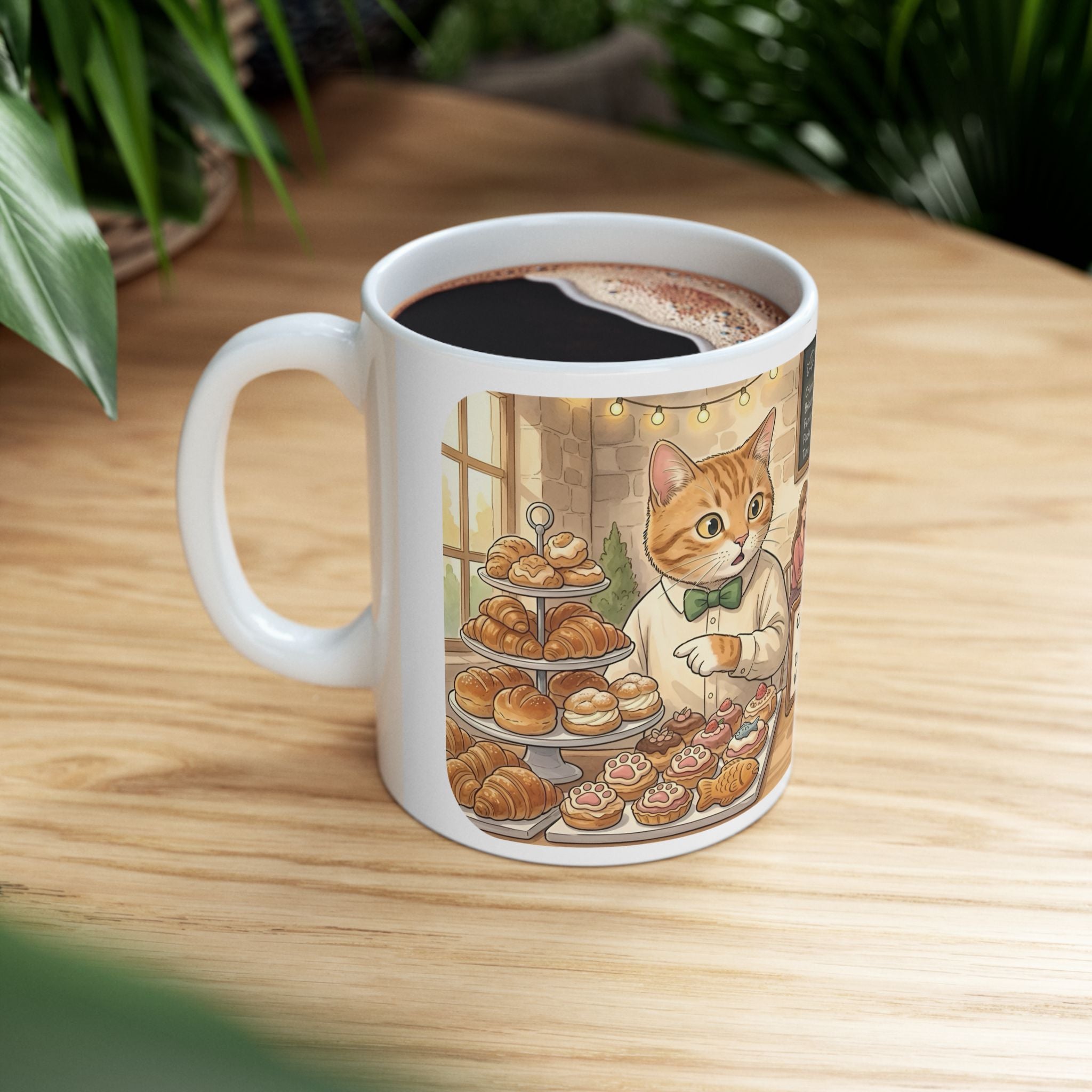 Cat-Astrophe Café White Ceramic Mug — Cute Cat Bakery Date Cup (11oz & 15oz)