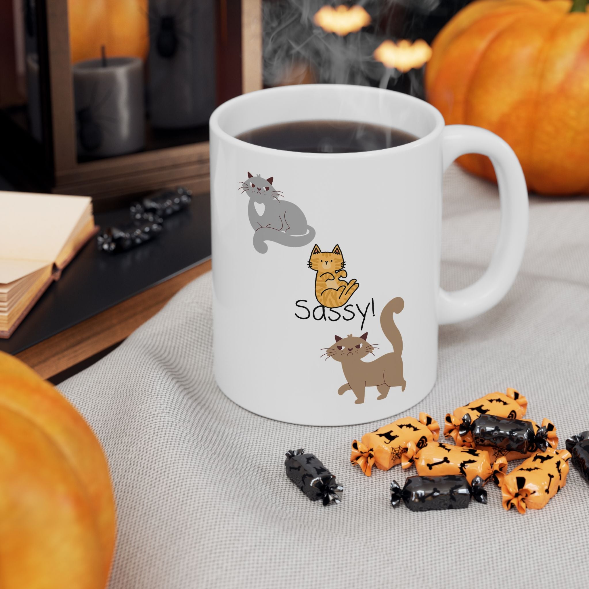 Sassy Cats White Ceramic Mug — Cute Felines Tea Cup (11oz, 15oz)