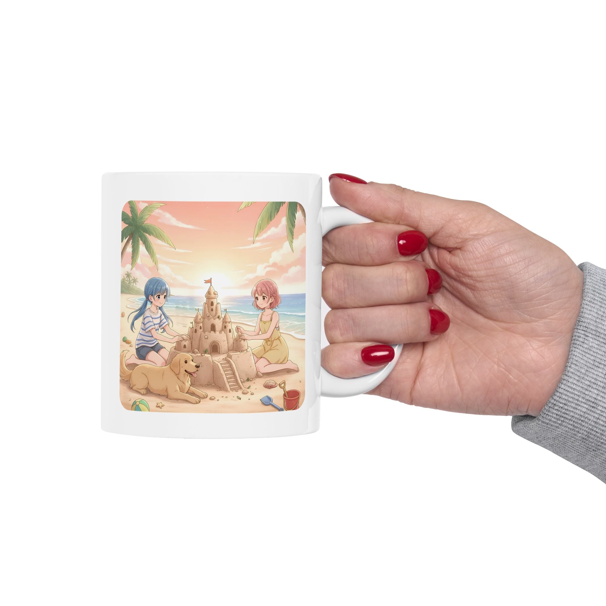 Sisters and BFF Summer Beach Sandcastle White Ceramic Mug — Tropical Manga Ocean Sunset and Golden Retriever Cup (11oz/15oz)