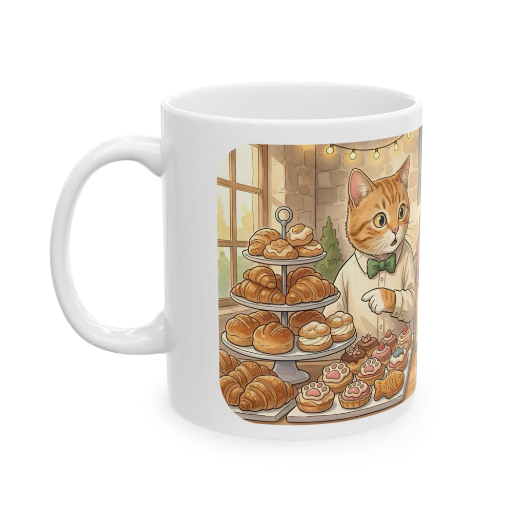 Cat-Astrophe Café White Ceramic Mug — Cute Cat Bakery Date Cup (11oz & 15oz)
