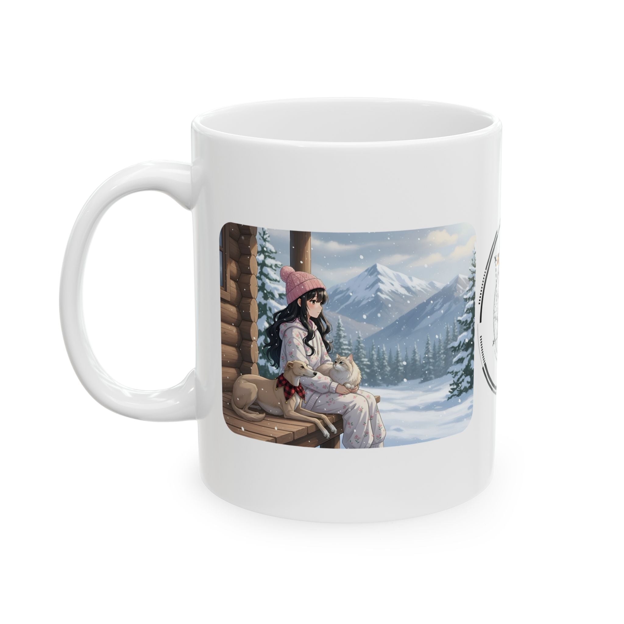 Cozy Cottagecore Hygge Winter Cabin Getaway White Ceramic Mug — Peaceful Snowy Mountain Winter Wonderland Cup (11oz, 15oz)