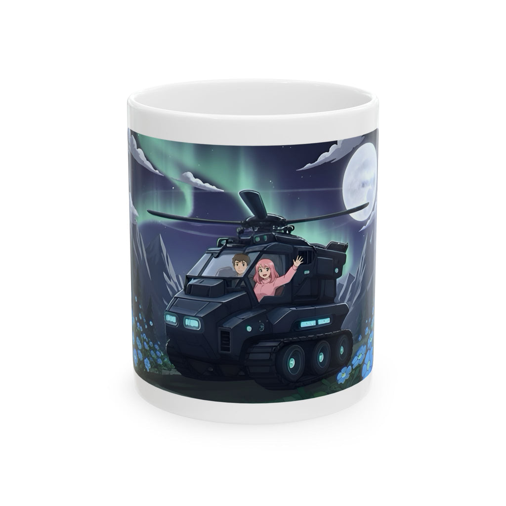 Flying Heli Tank & The Aurora Borealis White Ceramic Mug – Friends, Family & Imaginative Adventures, Celebrating Companionship, Creativity & Life’s Little Wonders Cup (11oz/15oz)