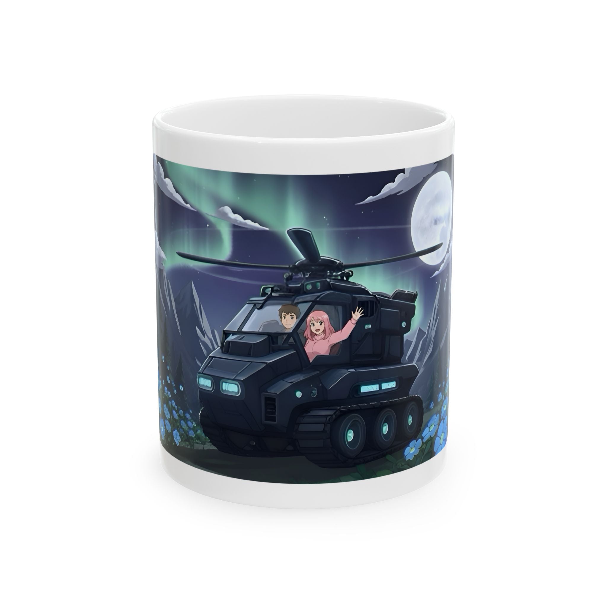 Flying Heli Tank & The Aurora Borealis White Ceramic Mug – Friends, Family & Imaginative Adventures, Celebrating Companionship, Creativity & Life’s Little Wonders Cup (11oz/15oz)