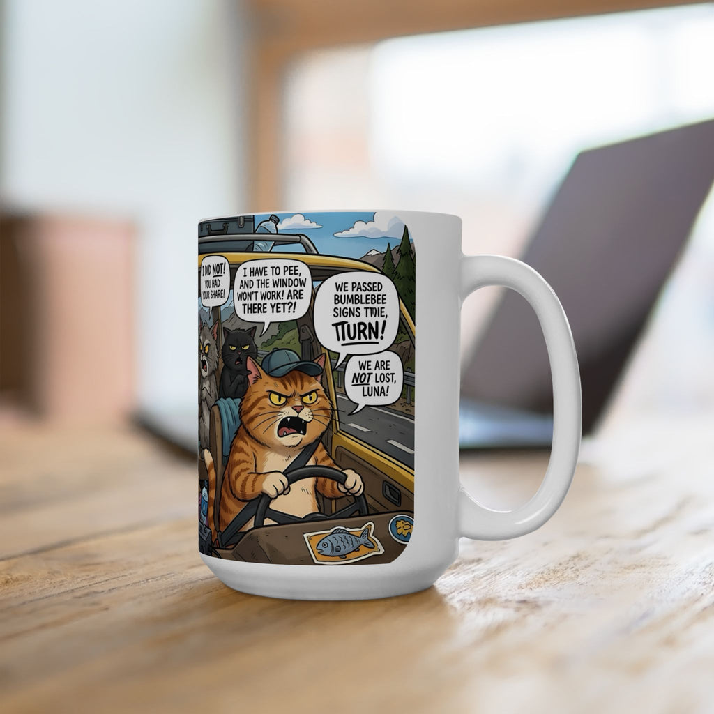 Funny Cat Road Trip White Ceramic Mug — Catnip Kitties Arguing Over Snacks Cup (11oz/15oz)