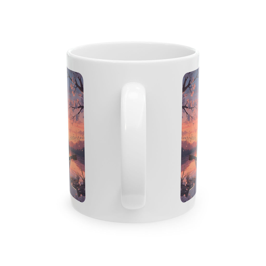 Little Melody Anime Sunset Reflections White Ceramic Mug — Scenic Cherry Blossom Mountain Lake Guitar Cup (11oz, 15oz)