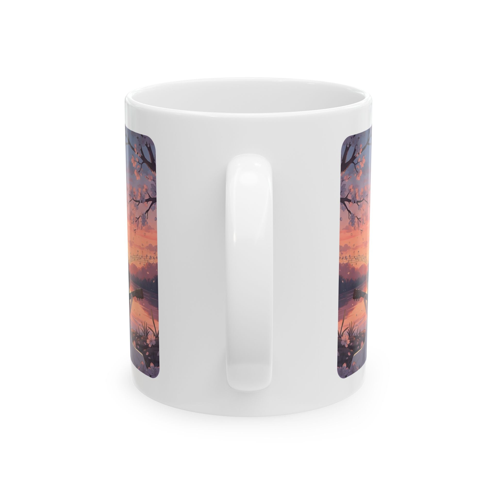 Little Melody Anime Sunset Reflections White Ceramic Mug — Scenic Cherry Blossom Mountain Lake Guitar Cup (11oz, 15oz)