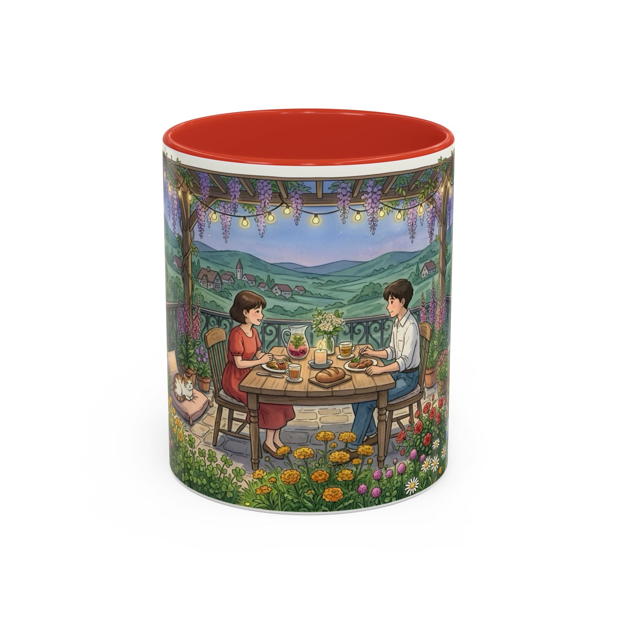 Cozy Romantic Garden Dinner Ceramic Mug — Couples Outdoor Bistro Cup (11 oz, 15 oz)