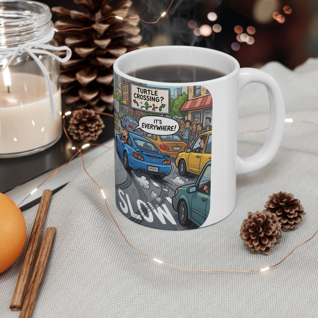 Cute Turtle Crossing White Ceramic Mug, Cruising Vibes Cup (11oz, 15oz)