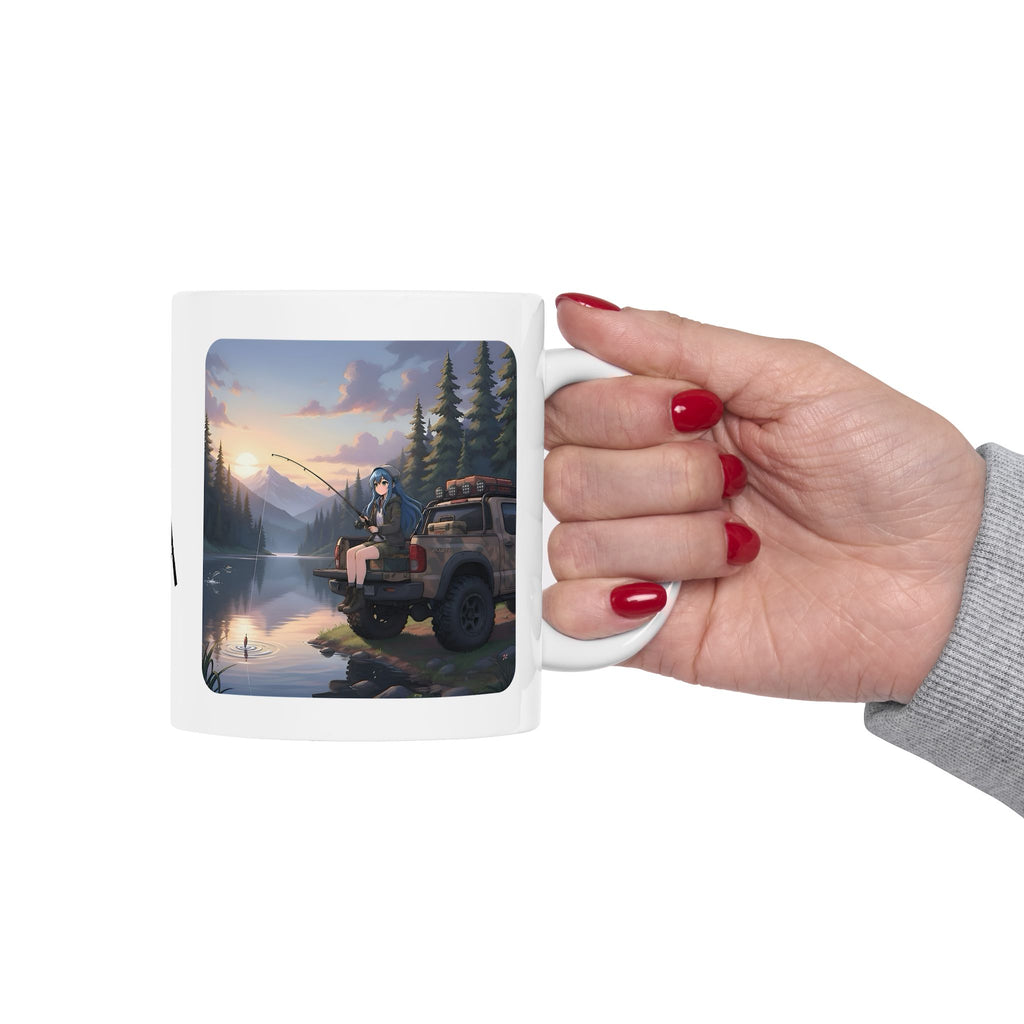 Cozy Anime Girl Tailgate Fishing Adventure White Ceramic Mug — Vintage Truck, Lake Sunrise Tea Cup (11oz/15oz)