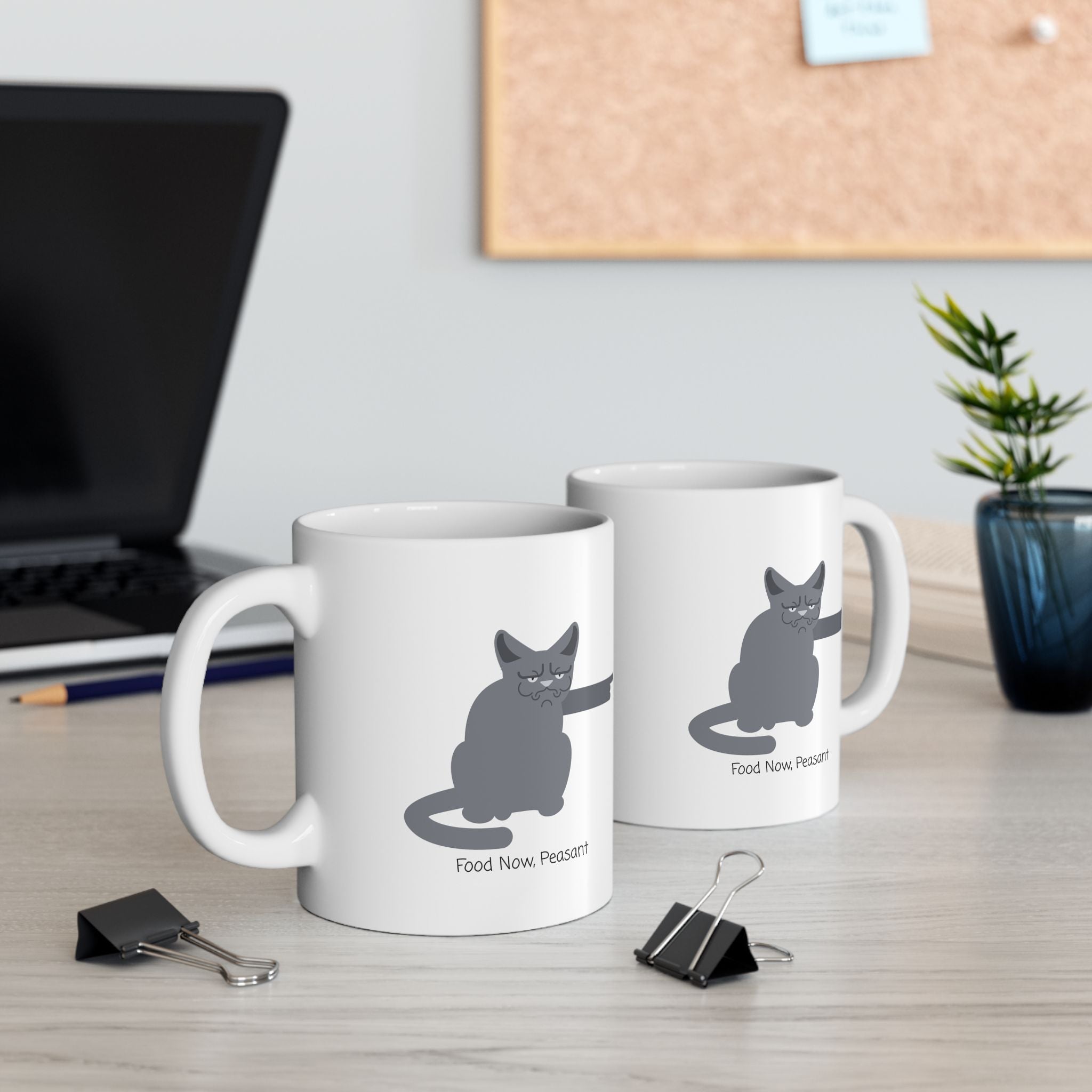 Funny "Food Now, Peasant" Stooshe Cat White Ceramic Mug – Cute Gray Papa Grumps Kitty Cup (11oz & 15oz)