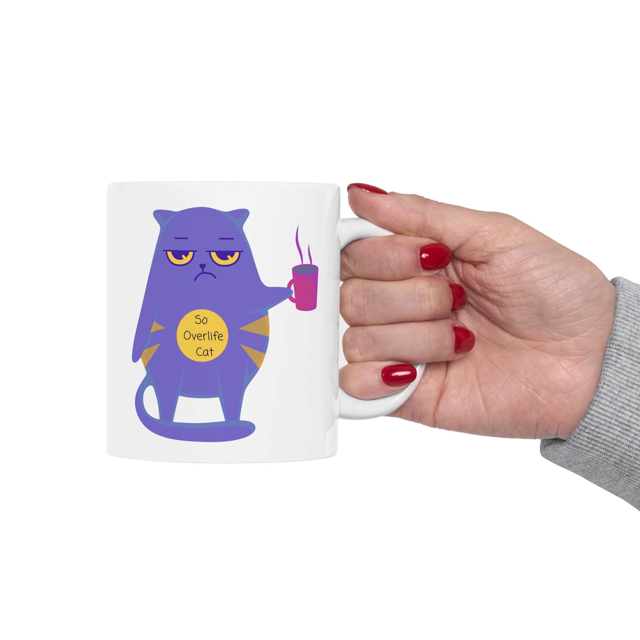 So OverLife Cat On A White Ceramic Mug 11oz & 15oz, Cute Kawaii Cat Holding Mug Cup