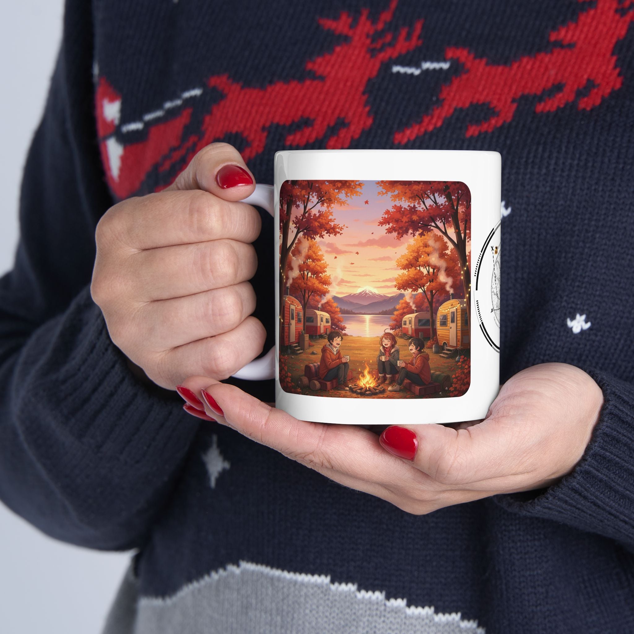 Autumn Leaves & Winter Snow Sunset White Ceramic Mug — Cozy Camping Fall & Winter Cottagecore Cup (11oz & 15oz)