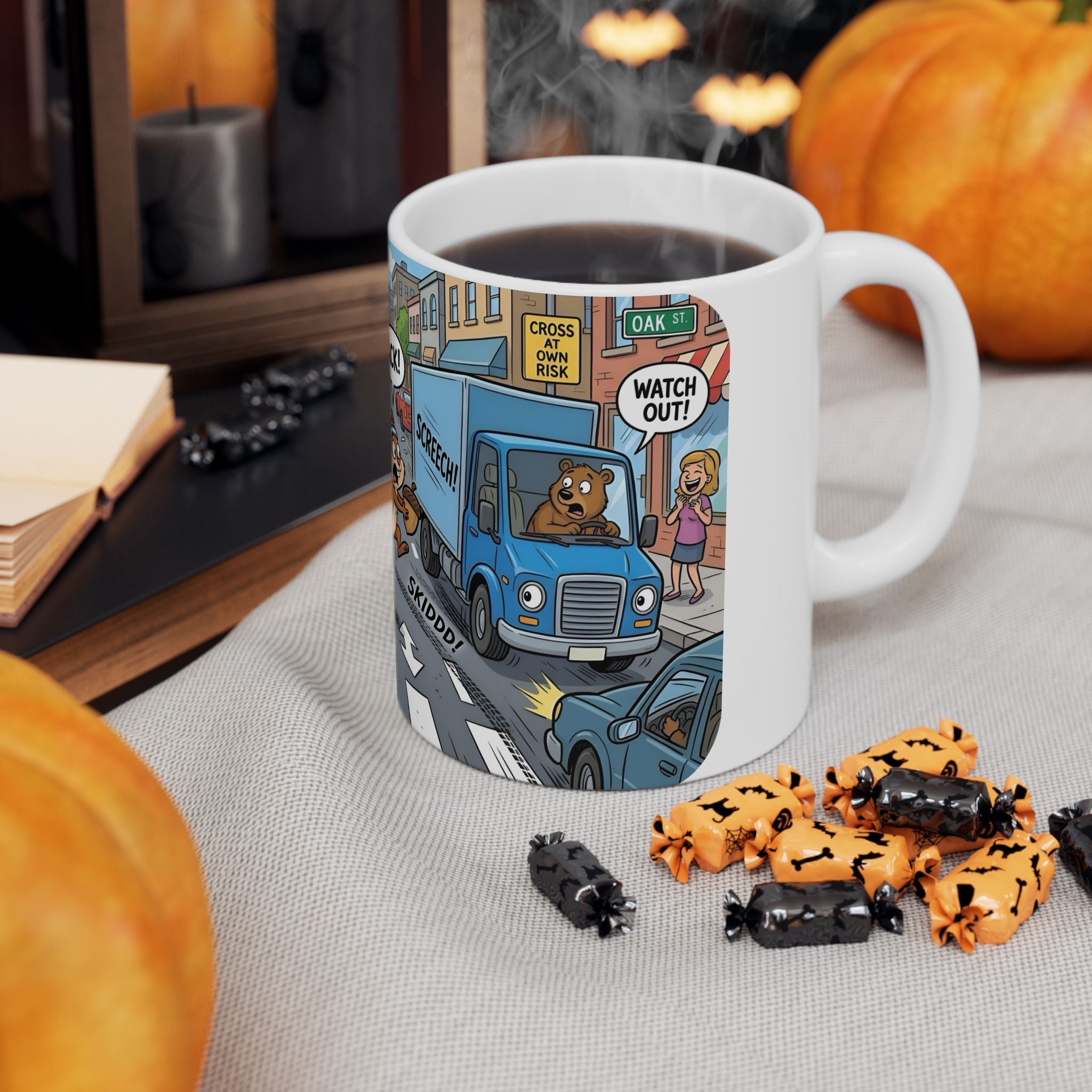 Nutsy's Crossy Road White Ceramic Mug – Adventurous Squirrel Crossing Cup (11oz/15oz)