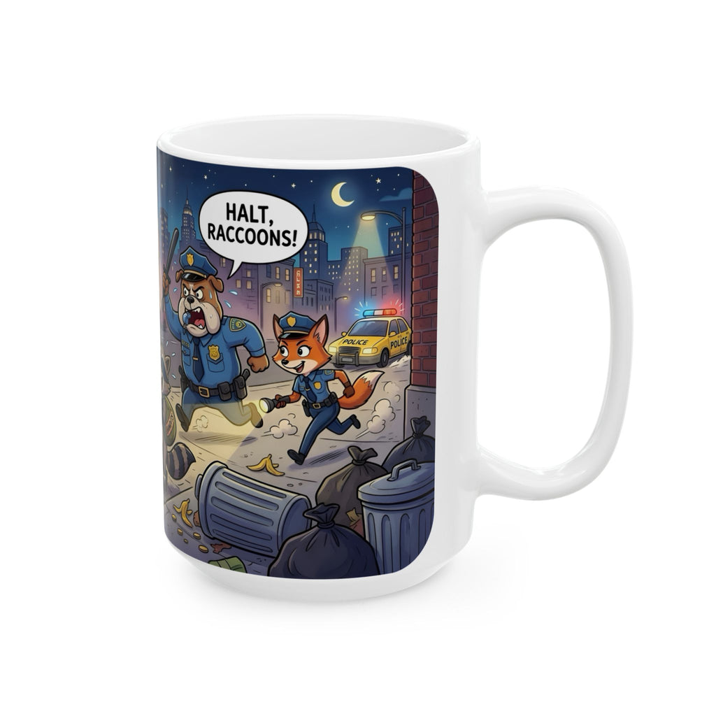 Rambunctious Ringtails White Ceramic Mug — Funny Raccoon Heist Night Scene Cup (11oz, 15oz)