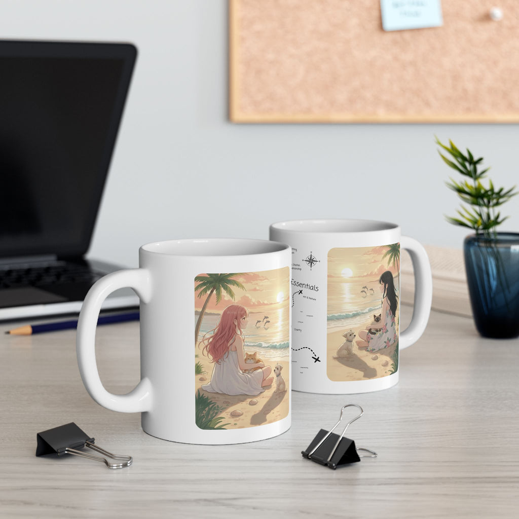 West Highland Terrier Dog, Siamese and Tabby Cats Coastal Decor White Ceramic Mug, Cozy Tropical Seascape Anime Girl Sunset Cup (11oz, 15oz)