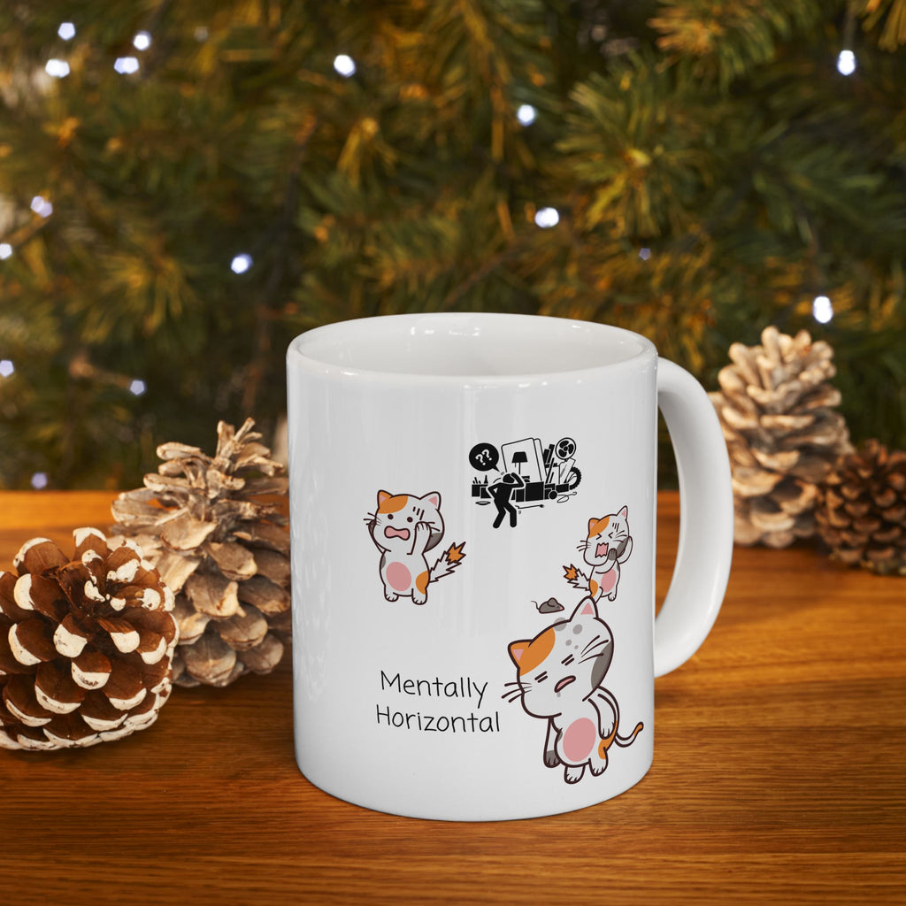 Funny "Mentally Horizontal" Cat Chaos White Ceramic Mug — Frantic Kitties in a Trashed Room (11oz & 15oz)
