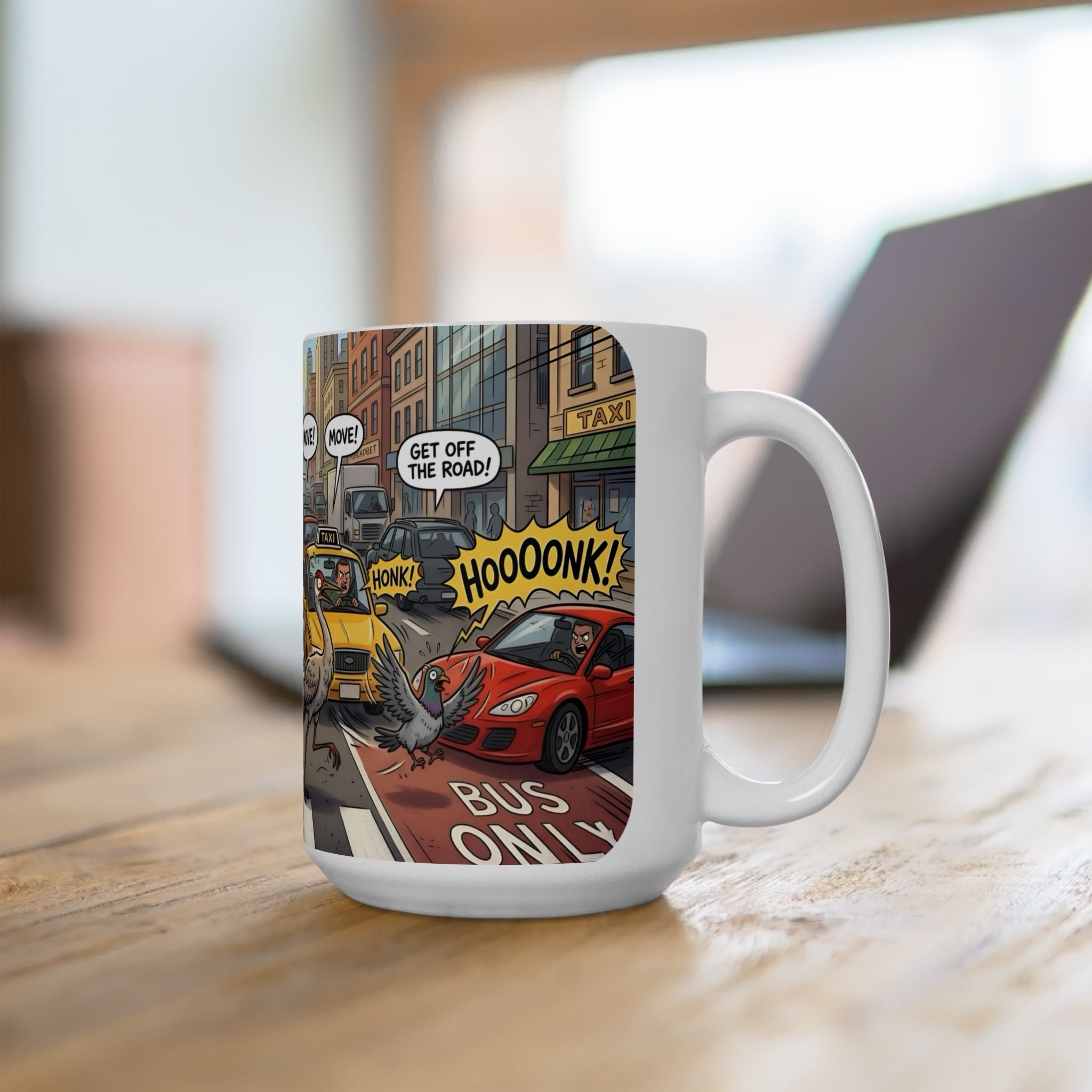 Gator, Crane, and Pidgeon Crossing White Ceramic Mug — Alligator & Bird Traffic Jam Cup (11 oz, 15 oz)