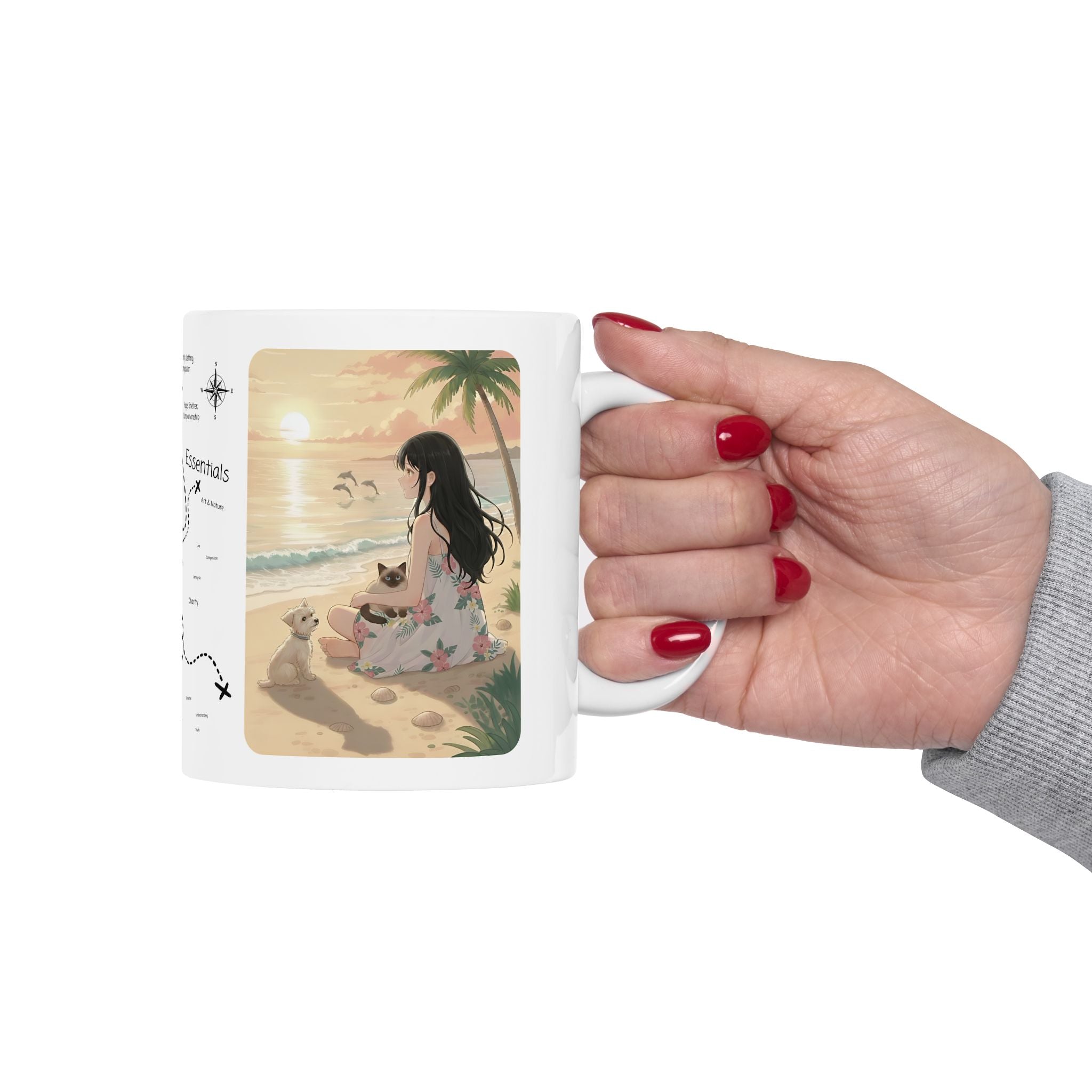 West Highland Terrier Dog, Siamese and Tabby Cats Coastal Decor White Ceramic Mug, Cozy Tropical Seascape Anime Girl Sunset Cup (11oz, 15oz)
