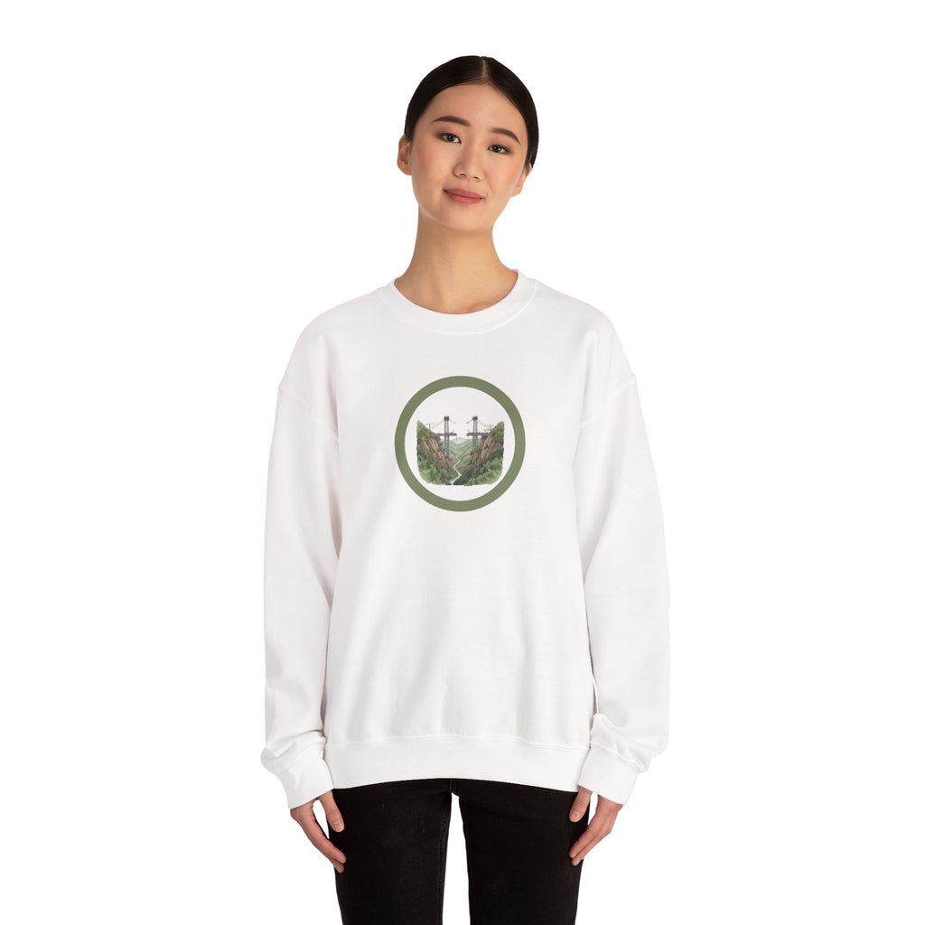 Bridge Building Circular Crewneck Sweatshirt — Mountain Nature Trail View Adventure Sweater