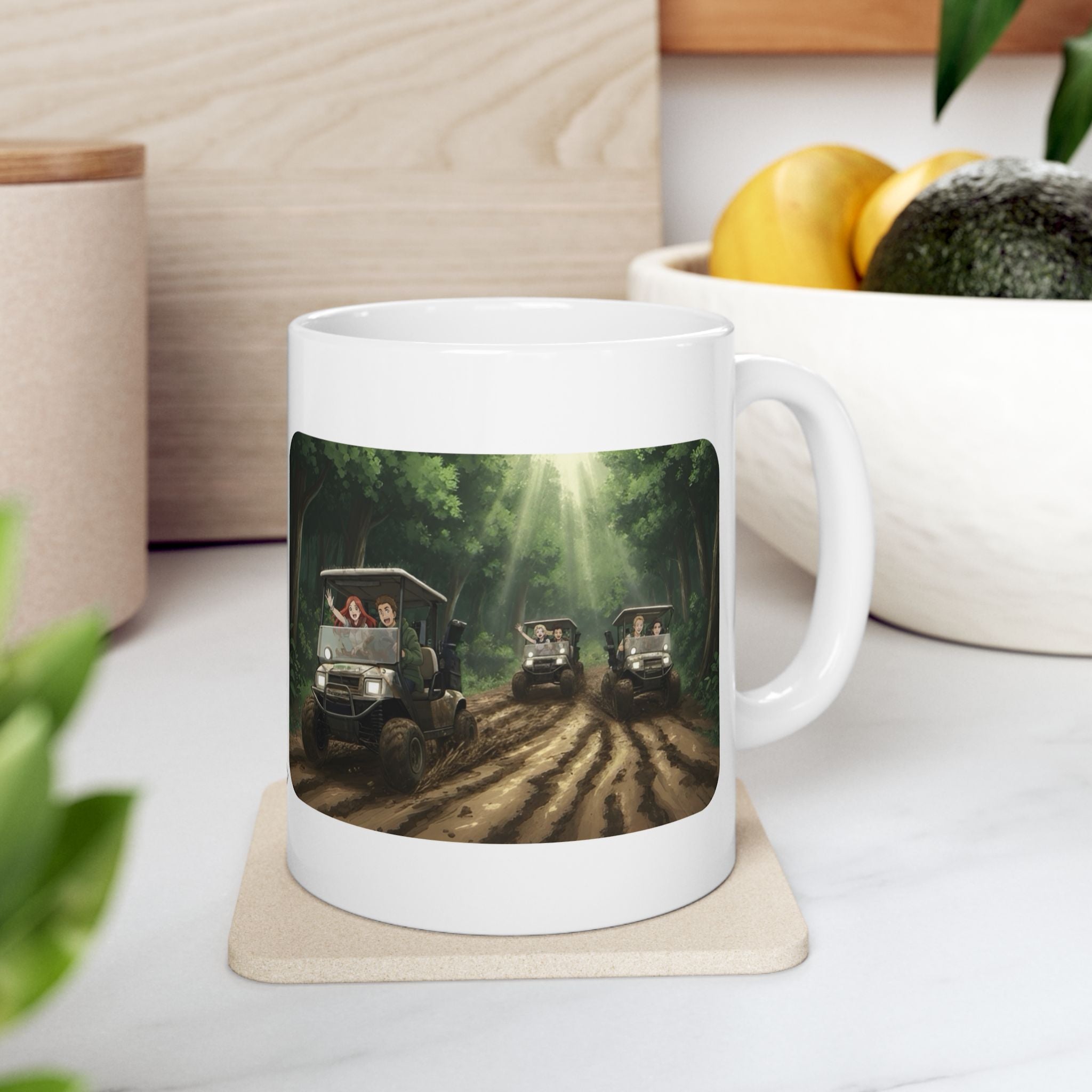 Anime Golf Cart Mud & Rain Racing Adventures #5 White Ceramic Mug — Find Your Path To The Essentials Cup (11oz & 15oz)