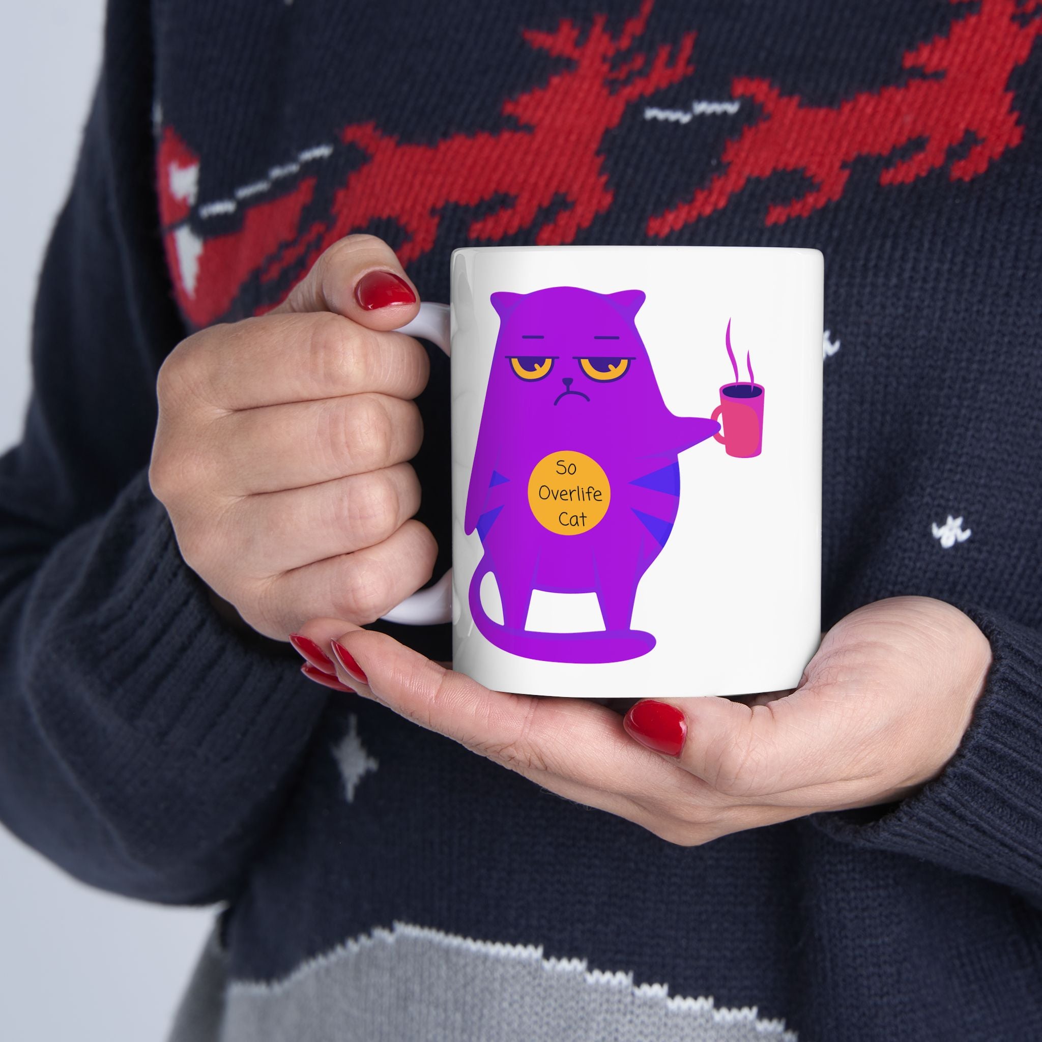So OverLife Cat On A White Ceramic Mug 11oz & 15oz, Cute Kawaii Cat Holding Mug Cup