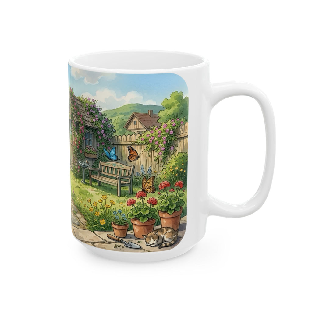 Cottage Garden White Ceramic Mug — Cozy Scenic Floral Tea Cup (11oz/15oz)