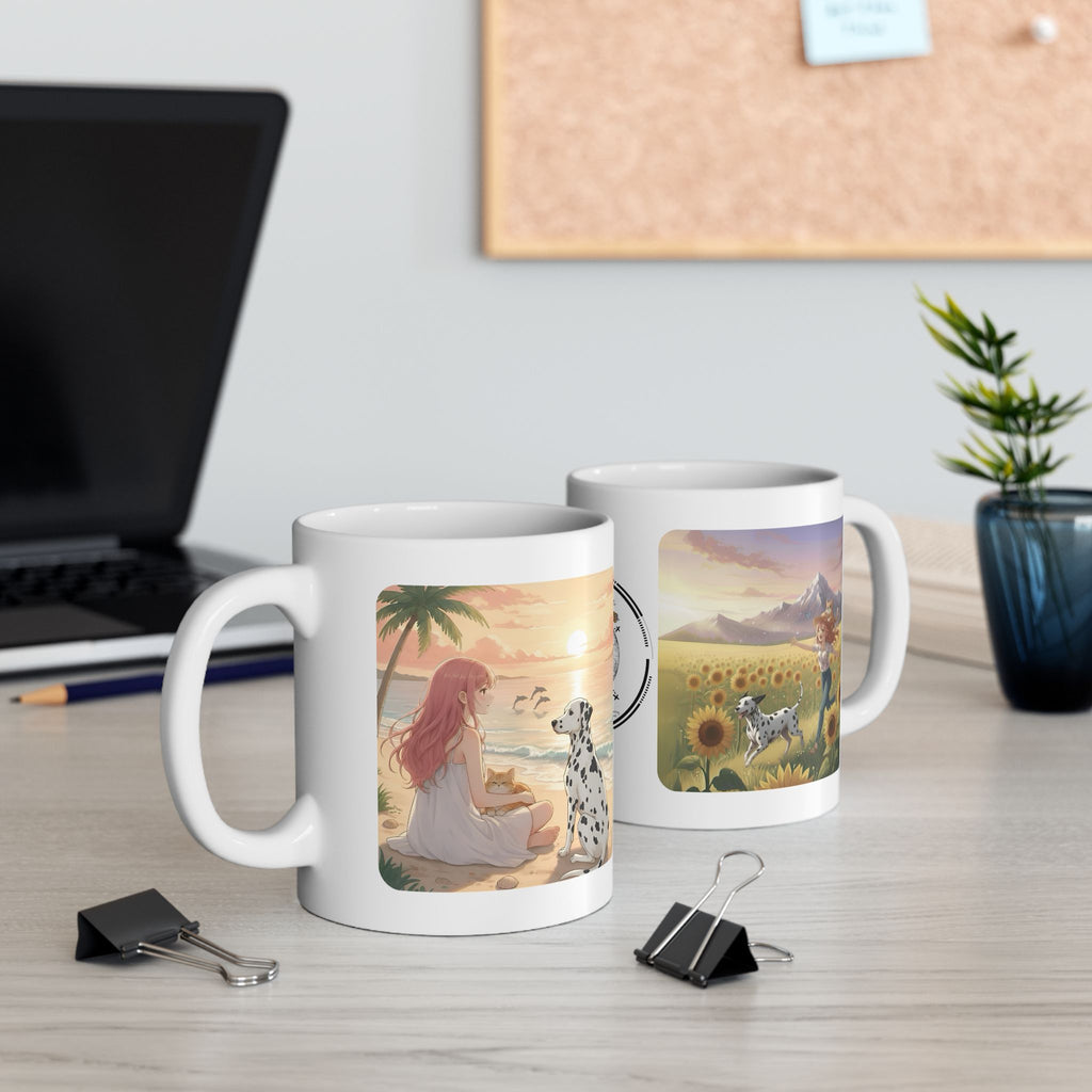 Dalmatian Dog Orange Cat Sunset & Sunflower White Ceramic Mug — Peaceful Waves Anime Girl Boho Beach Vibes Cup (11oz, 15oz)