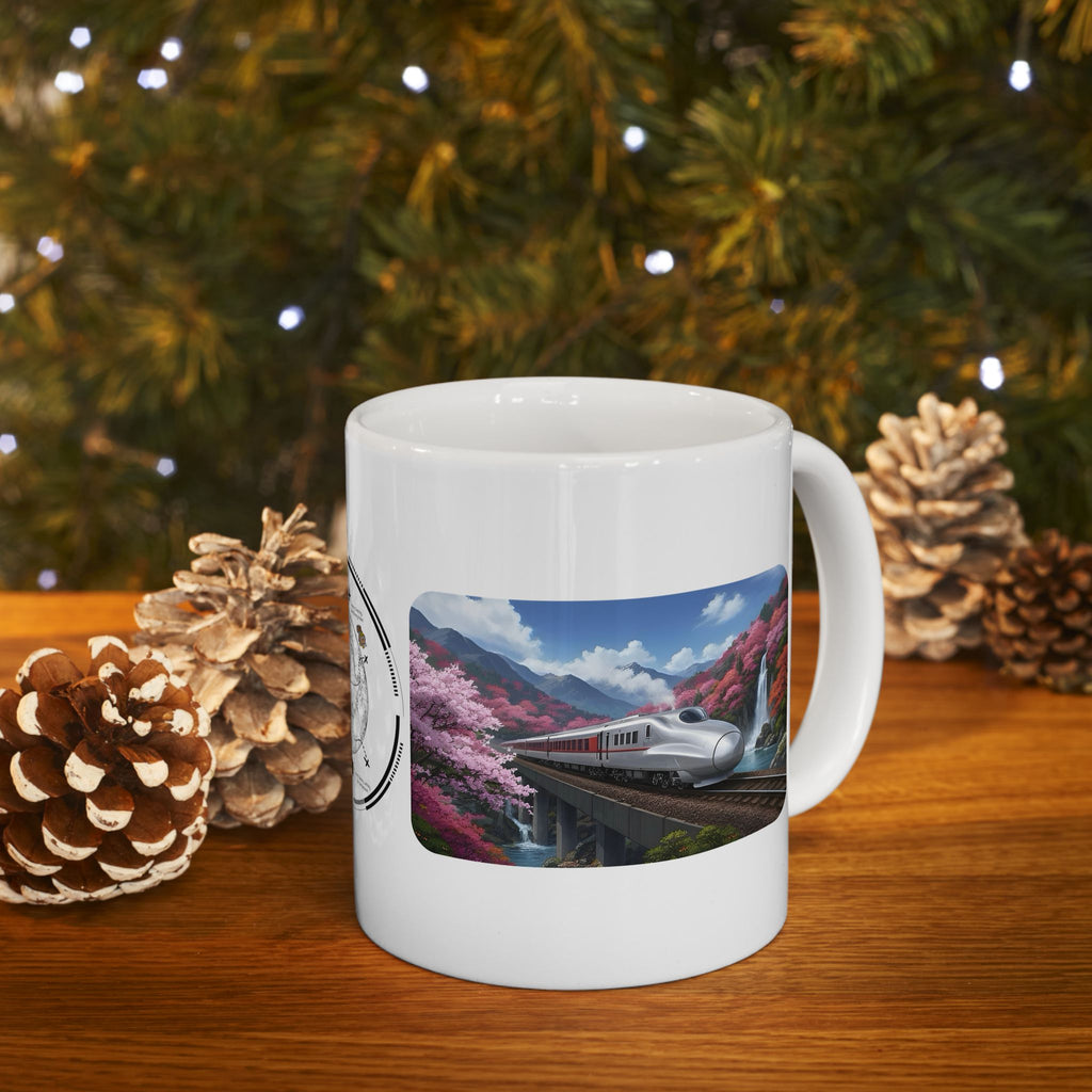 Springtime Cherry Blossom Bullet Train Express White Ceramic Mug, Serene Mountain Viaduct Sakura Railway Cup (11oz/15oz)