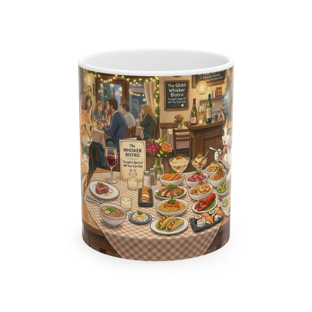Cat Ghibli Whisker Bistro White Ceramic Mug — Cozy Feline Tapas Cafe Cup (11oz/15oz)