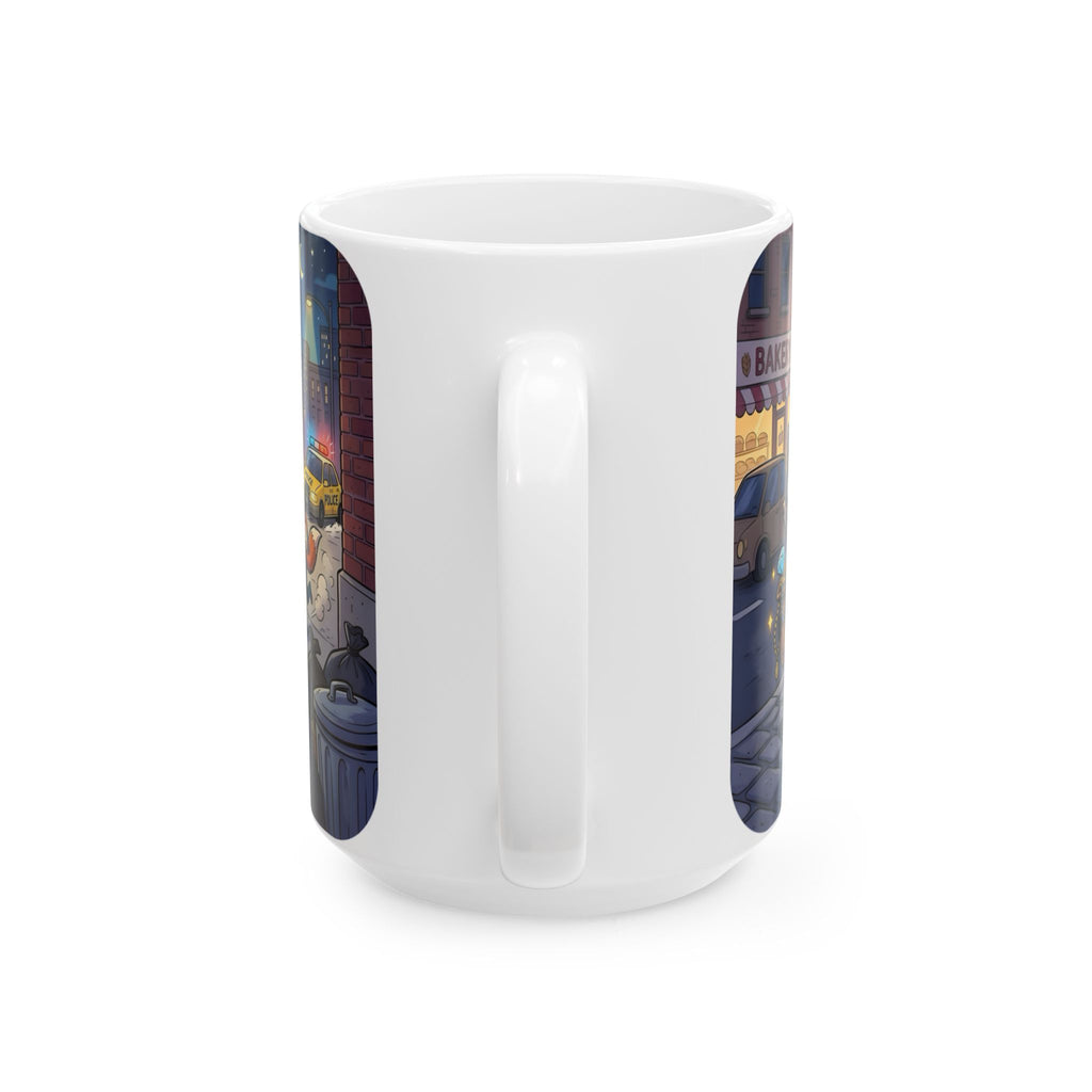 Rambunctious Ringtails White Ceramic Mug — Funny Raccoon Heist Night Scene Cup (11oz, 15oz)