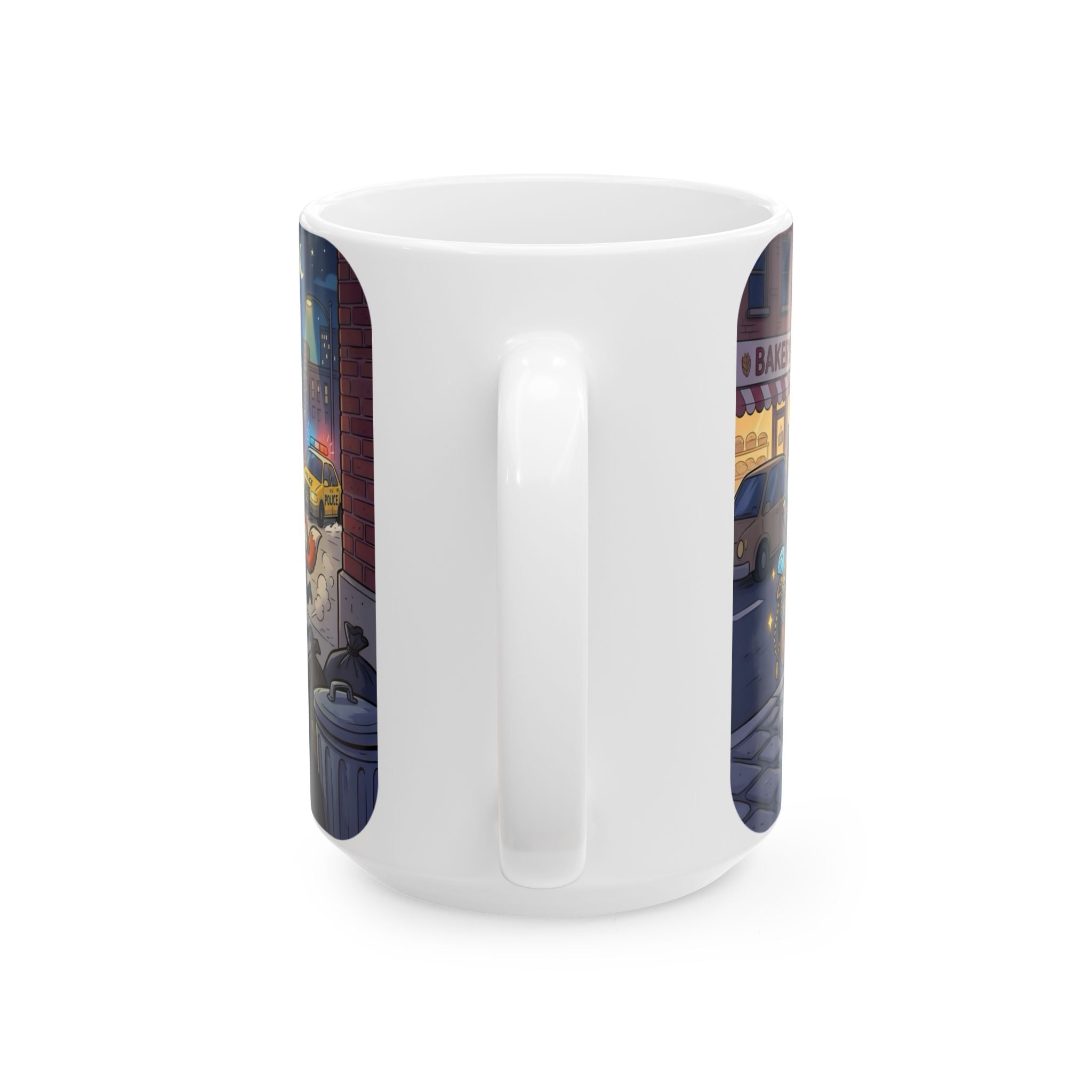 Rambunctious Ringtails White Ceramic Mug — Funny Raccoon Heist Night Scene Cup (11oz, 15oz)
