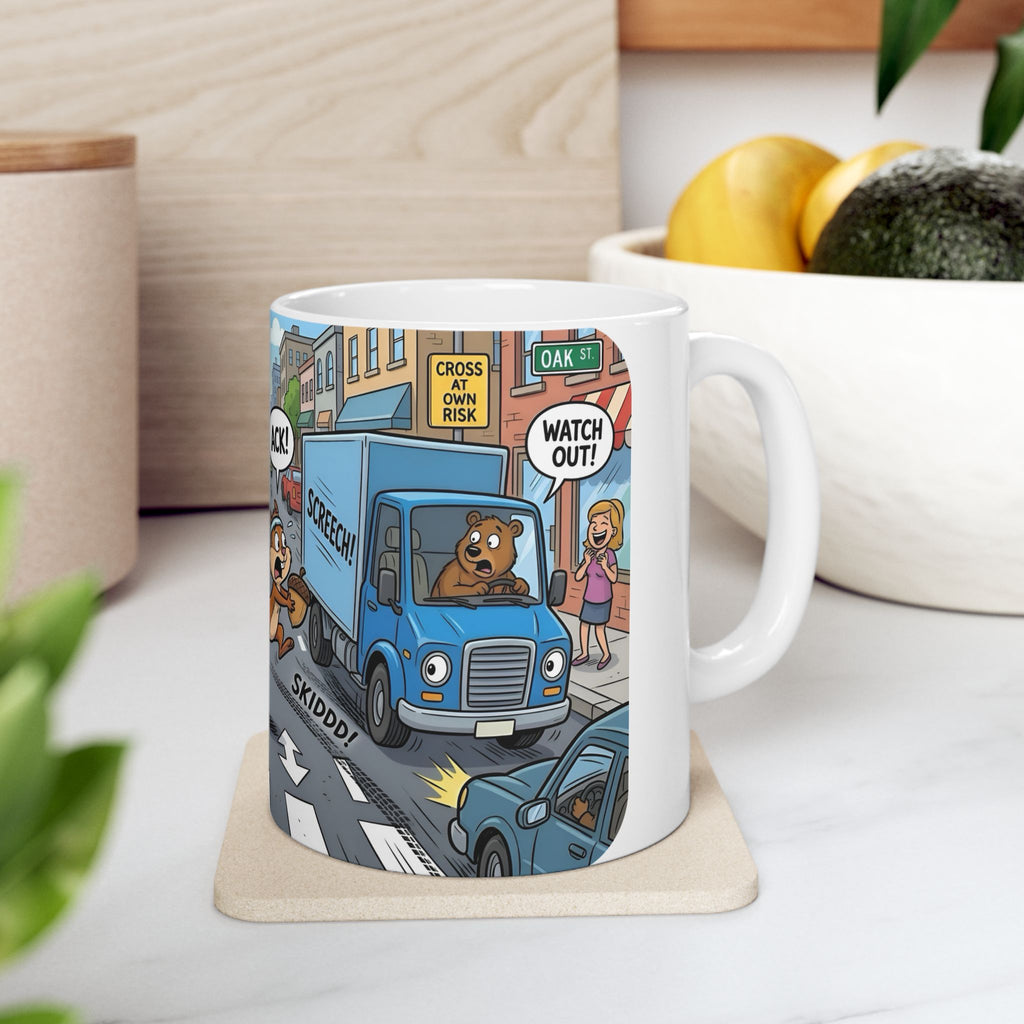 Nutsy's Crossy Road White Ceramic Mug – Adventurous Squirrel Crossing Cup (11oz/15oz)