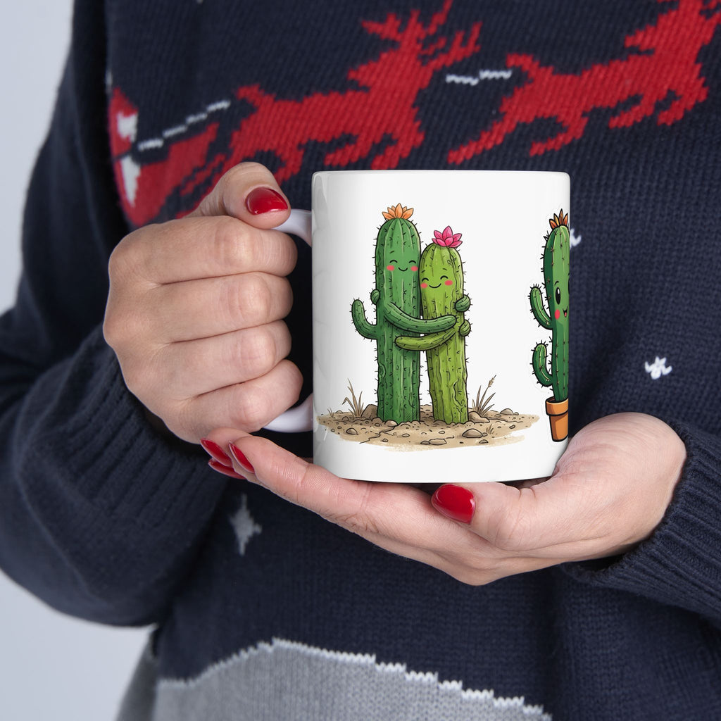 Cactus Couple White Ceramic Mug — Cute Potted Terracotta Tea Cup (11oz & 15oz)