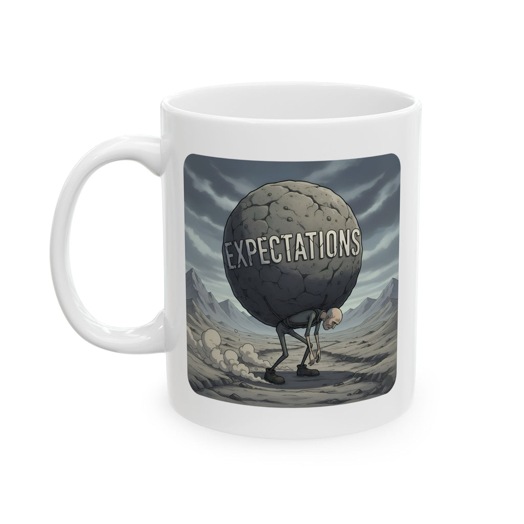 Unbreakable Men Overcoming Life's Burdens White Ceramic Mug, (11oz, 15oz), Common Threads Resilience Strength Cup