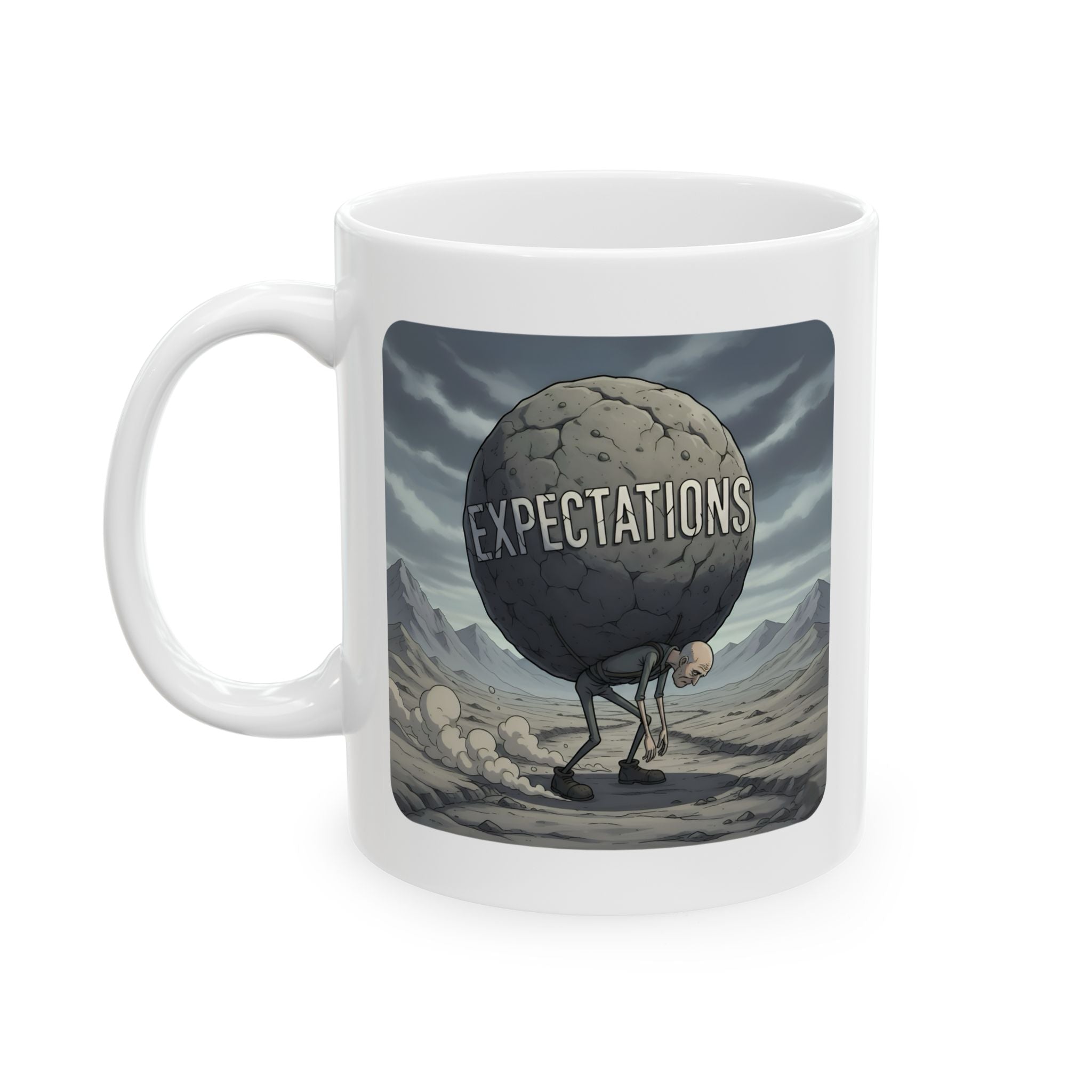 Unbreakable Men Overcoming Life's Burdens White Ceramic Mug, (11oz, 15oz), Common Threads Resilience Strength Cup