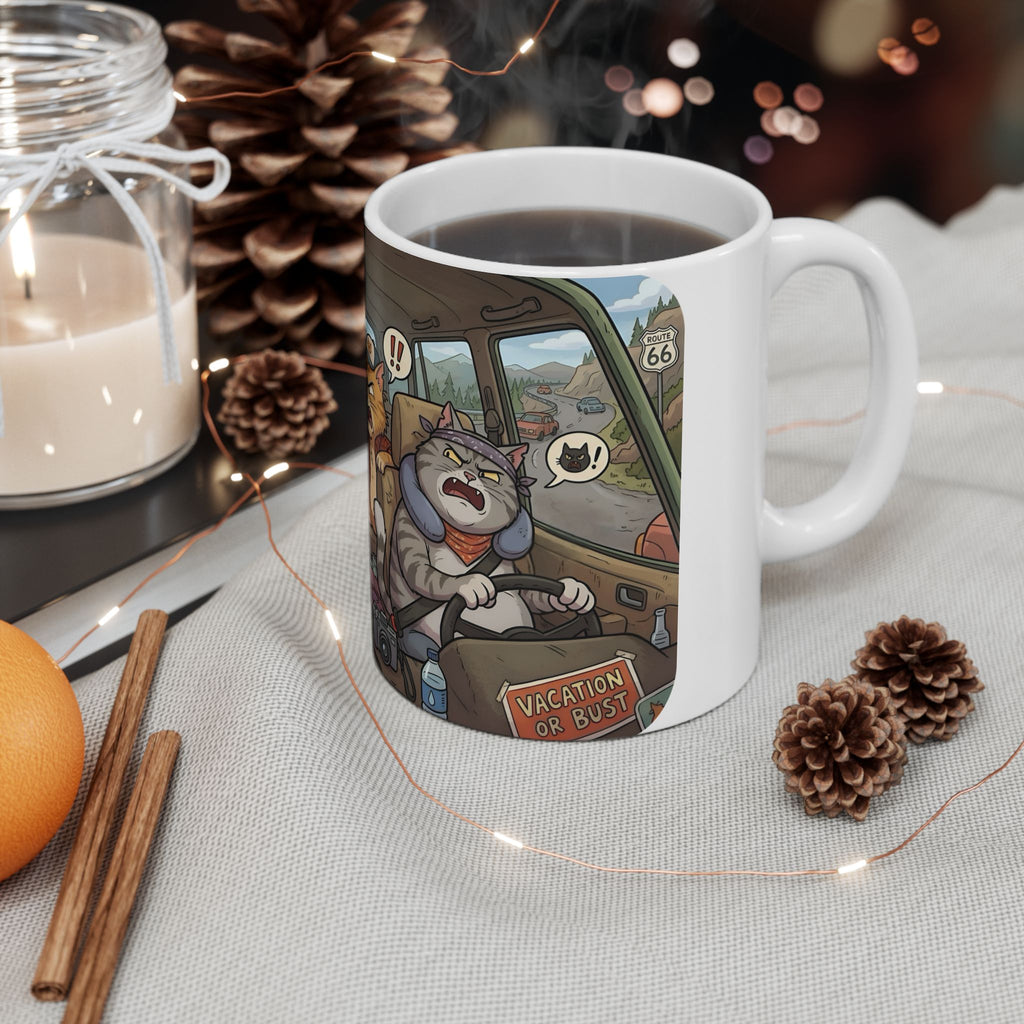 Angry Cats On A Road Trip White Ceramic Mug — Funny Kitty Crew Travel Cup (11oz, 15oz)